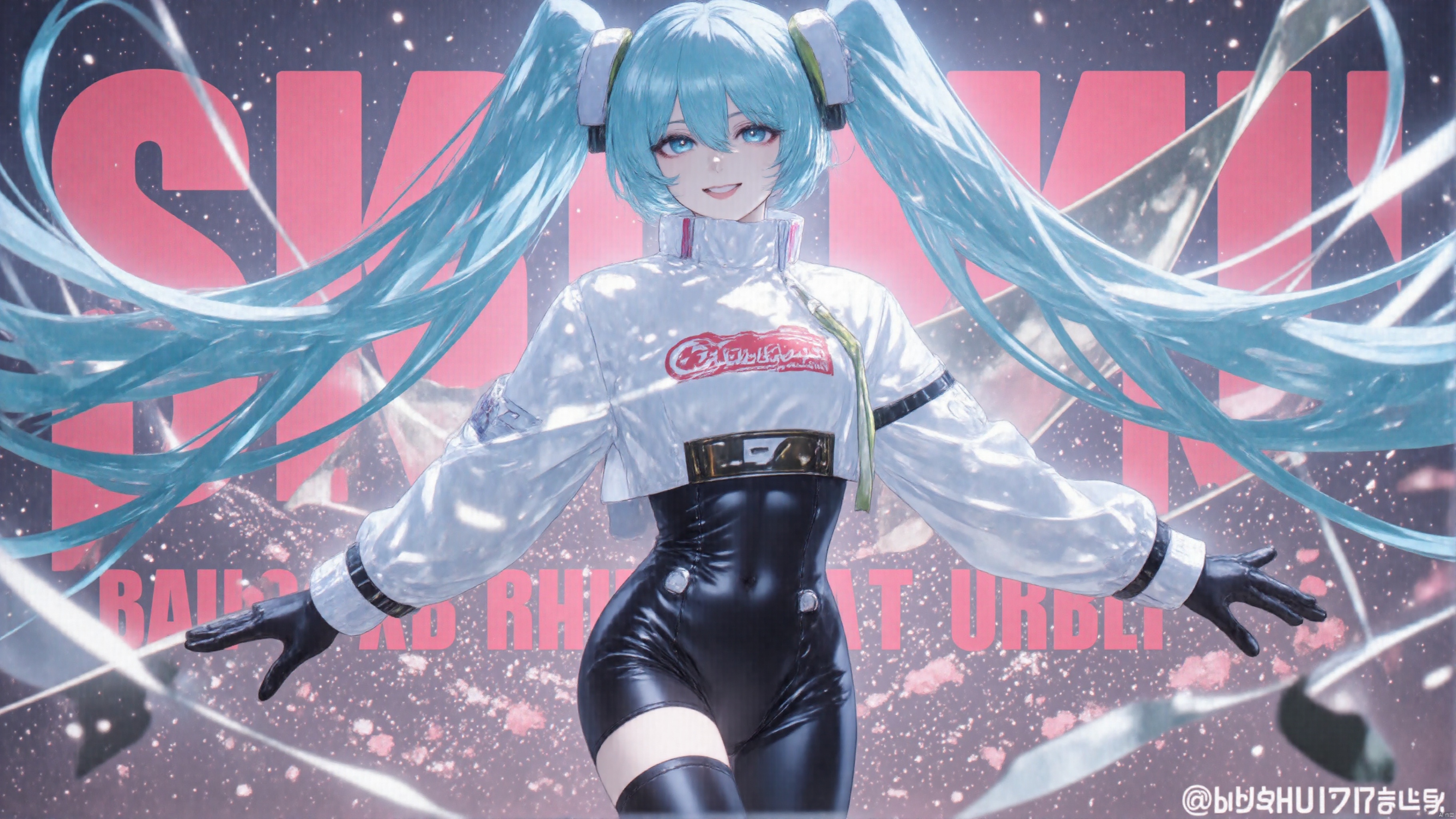 Girl, lappland, smile, full_shot,medium_shot,highres,illustration, masterpiece,best quality,
1girl,long turquoise twin-tails, wearing a futuristic cropped white jacket with neon accents, high-waisted shiny black leather pants with bold text, thigh-high platform boots, 
backlighting,depth of field,cinematic lighting,light particles,field, wide shot, flower field, copyright, hatsune miku, eye trail,backlighting,depth of field,cinematic lighting,light particles,lens flare, (artist:quasarcake:0.8),extreme aesthetic,(wlop:0.6),honjou honjou raita,lack,rella,wanke, raita,lack,rella,wanke,masterpiece,best quality,good quality,newest,year 2024,year 2023,very aesthetic,absurdres,Visual impact,A shot with tension, ultra-high resolution,32K UHD,sharp focus,best quality,masterpiece,Emotionalization,unconventional supreme masterpiece,masterful details,temperate atmosphere,with a high end texture,in the style of fashion photography, (Visual impact:1.2),giving the poster a dynamic and visually striking appearance,impactful picture,offcial art,colorful,splash of color,movie perspective, masterpiece,best quality,amazing quality,very aesthetic,absurdres,best quality,newest,crossed legs,as ghost mode,gylm,wxst,Racing miku 2022