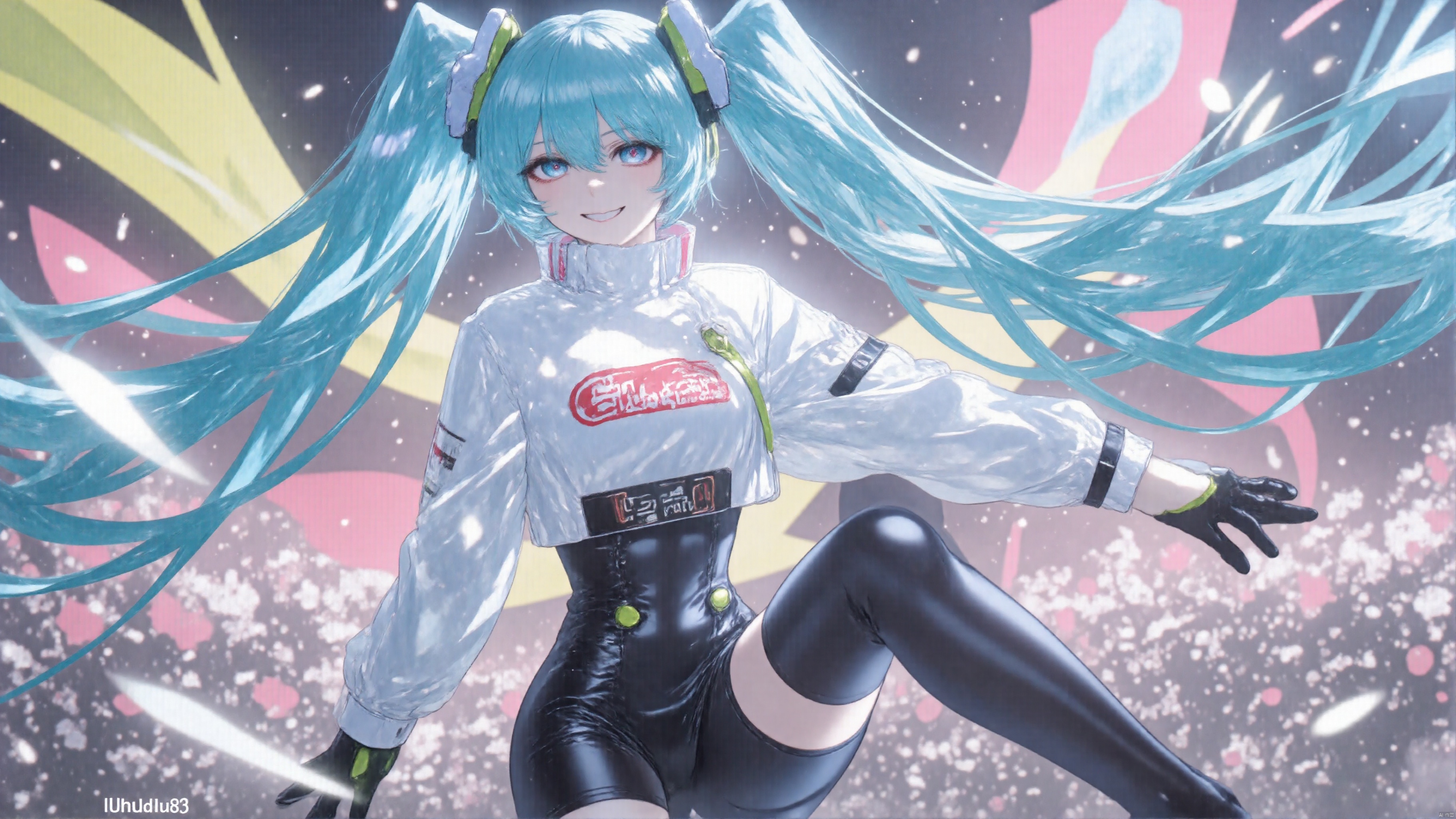 Girl, lappland, smile, full_shot,medium_shot,highres,illustration, masterpiece,best quality,
1girl,long turquoise twin-tails, wearing a futuristic cropped white jacket with neon accents, high-waisted shiny black leather pants with bold text, thigh-high platform boots, 
backlighting,depth of field,cinematic lighting,light particles,field, wide shot, flower field, copyright, hatsune miku, eye trail,backlighting,depth of field,cinematic lighting,light particles,lens flare, (artist:quasarcake:0.8),extreme aesthetic,(wlop:0.6),honjou honjou raita,lack,rella,wanke, raita,lack,rella,wanke,masterpiece,best quality,good quality,newest,year 2024,year 2023,very aesthetic,absurdres,Visual impact,A shot with tension, ultra-high resolution,32K UHD,sharp focus,best quality,masterpiece,Emotionalization,unconventional supreme masterpiece,masterful details,temperate atmosphere,with a high end texture,in the style of fashion photography, (Visual impact:1.2),giving the poster a dynamic and visually striking appearance,impactful picture,offcial art,colorful,splash of color,movie perspective, masterpiece,best quality,amazing quality,very aesthetic,absurdres,best quality,newest,crossed legs,as ghost mode,gylm,wxst,Racing miku 2022