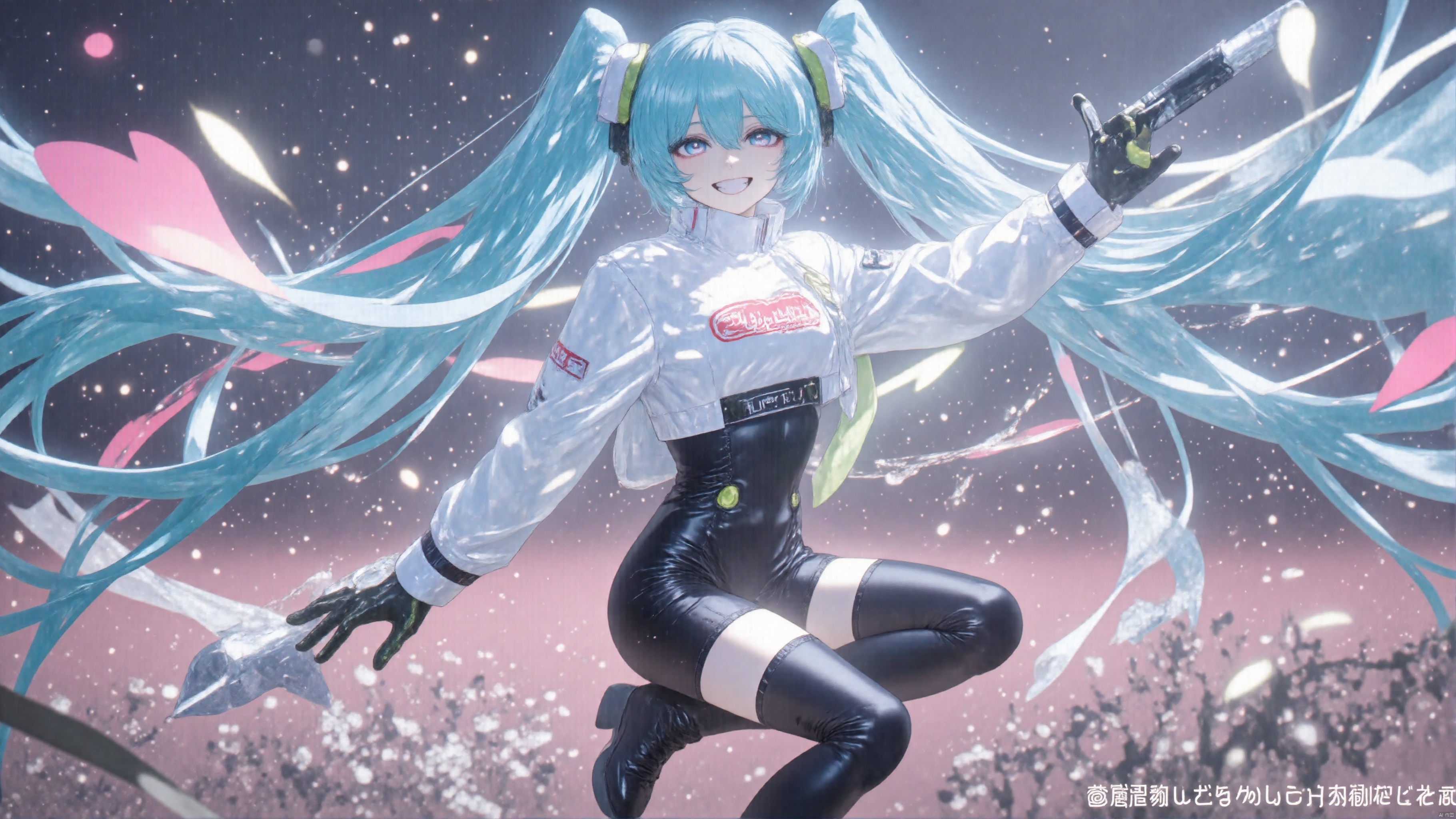 Girl, lappland, smile, full_shot,medium_shot,highres,illustration, masterpiece,best quality,
1girl,long turquoise twin-tails, wearing a futuristic cropped white jacket with neon accents, high-waisted shiny black leather pants with bold text, thigh-high platform boots, 
backlighting,depth of field,cinematic lighting,light particles,field, wide shot, flower field, copyright, hatsune miku, eye trail,backlighting,depth of field,cinematic lighting,light particles,lens flare, (artist:quasarcake:0.8),extreme aesthetic,(wlop:0.6),honjou honjou raita,lack,rella,wanke, raita,lack,rella,wanke,masterpiece,best quality,good quality,newest,year 2024,year 2023,very aesthetic,absurdres,Visual impact,A shot with tension, ultra-high resolution,32K UHD,sharp focus,best quality,masterpiece,Emotionalization,unconventional supreme masterpiece,masterful details,temperate atmosphere,with a high end texture,in the style of fashion photography, (Visual impact:1.2),giving the poster a dynamic and visually striking appearance,impactful picture,offcial art,colorful,splash of color,movie perspective, masterpiece,best quality,amazing quality,very aesthetic,absurdres,best quality,newest,crossed legs,as ghost mode,gylm,wxst,Racing miku 2022