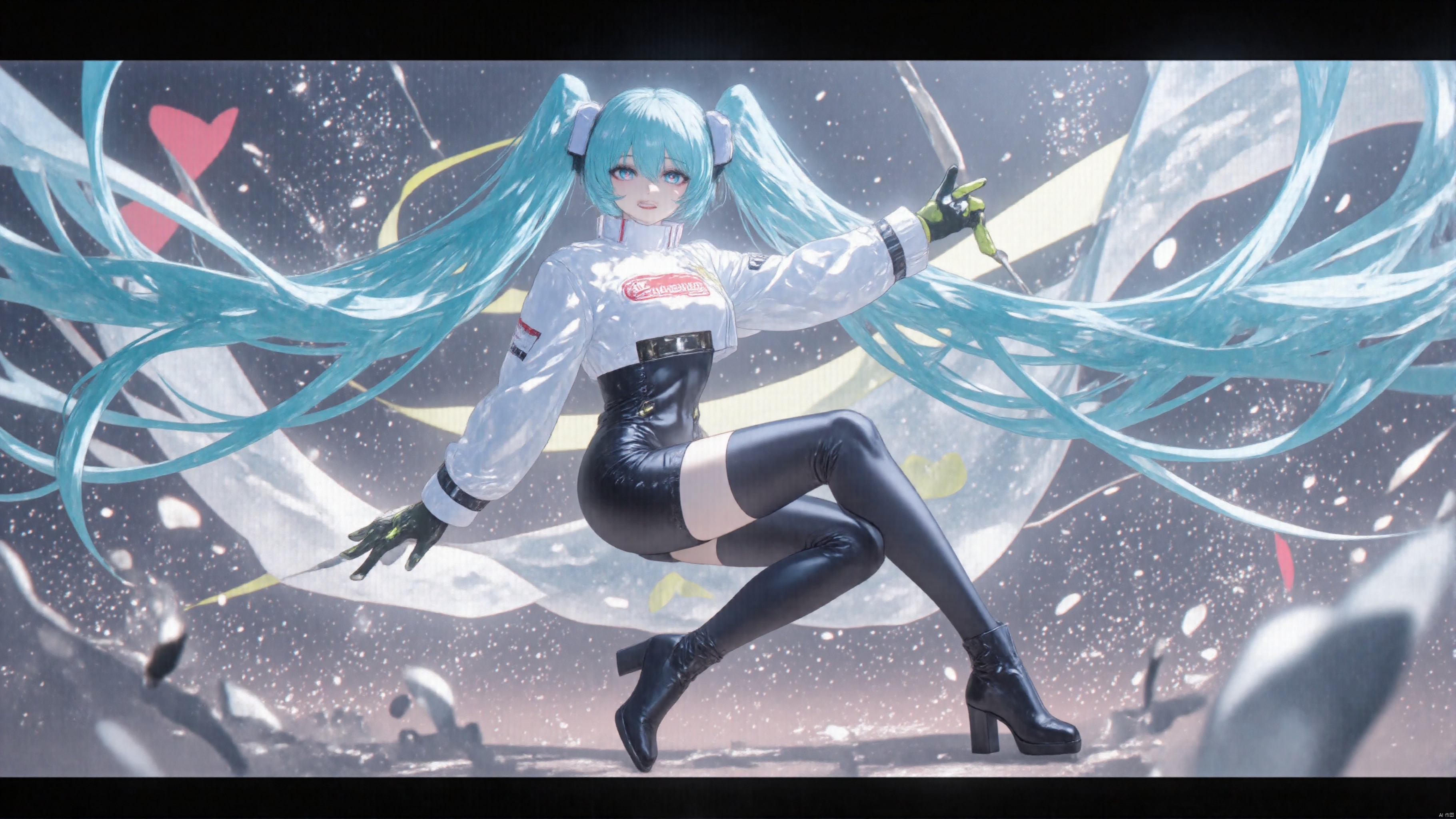 Girl, lappland, smile, full_shot,medium_shot,highres,illustration, masterpiece,best quality,
1girl,long turquoise twin-tails, wearing a futuristic cropped white jacket with neon accents, high-waisted shiny black leather pants with bold text, thigh-high platform boots, 
backlighting,depth of field,cinematic lighting,light particles,field, wide shot, flower field, copyright, hatsune miku, eye trail,backlighting,depth of field,cinematic lighting,light particles,lens flare, (artist:quasarcake:0.8),extreme aesthetic,(wlop:0.6),honjou honjou raita,lack,rella,wanke, raita,lack,rella,wanke,masterpiece,best quality,good quality,newest,year 2024,year 2023,very aesthetic,absurdres,Visual impact,A shot with tension, ultra-high resolution,32K UHD,sharp focus,best quality,masterpiece,Emotionalization,unconventional supreme masterpiece,masterful details,temperate atmosphere,with a high end texture,in the style of fashion photography, (Visual impact:1.2),giving the poster a dynamic and visually striking appearance,impactful picture,offcial art,colorful,splash of color,movie perspective, masterpiece,best quality,amazing quality,very aesthetic,absurdres,best quality,newest,crossed legs,as ghost mode,gylm,wxst,Racing miku 2022