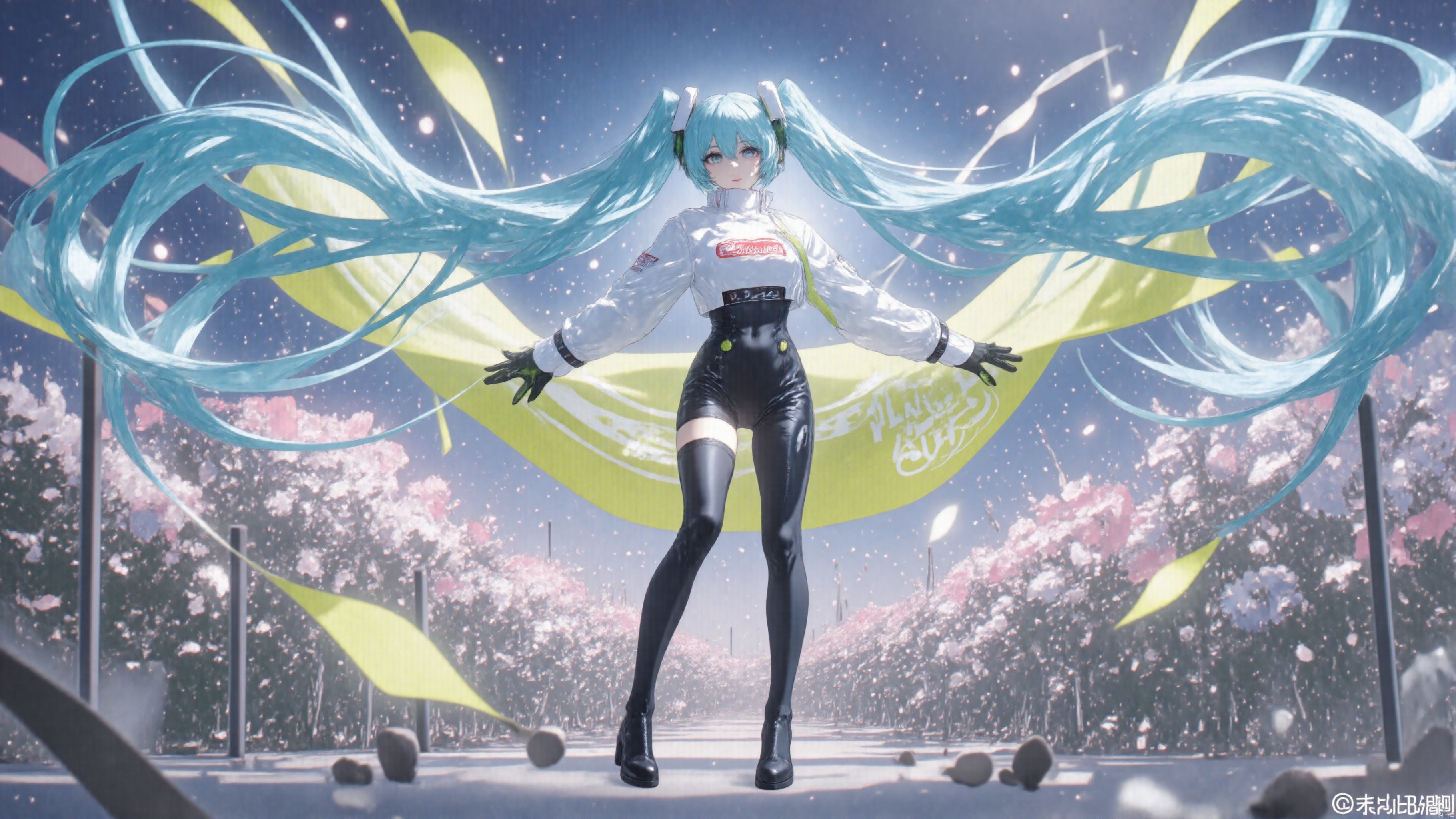 Girl, lappland, smile, full_shot,medium_shot,highres,illustration, masterpiece,best quality,
1girl,long turquoise twin-tails, wearing a futuristic cropped white jacket with neon accents, high-waisted shiny black leather pants with bold text, thigh-high platform boots, 
backlighting,depth of field,cinematic lighting,light particles,field, wide shot, flower field, copyright, hatsune miku, eye trail,backlighting,depth of field,cinematic lighting,light particles,lens flare, (artist:quasarcake:0.8),extreme aesthetic,(wlop:0.6),honjou honjou raita,lack,rella,wanke, raita,lack,rella,wanke,masterpiece,best quality,good quality,newest,year 2024,year 2023,very aesthetic,absurdres,Visual impact,A shot with tension, ultra-high resolution,32K UHD,sharp focus,best quality,masterpiece,Emotionalization,unconventional supreme masterpiece,masterful details,temperate atmosphere,with a high end texture,in the style of fashion photography, (Visual impact:1.2),giving the poster a dynamic and visually striking appearance,impactful picture,offcial art,colorful,splash of color,movie perspective, masterpiece,best quality,amazing quality,very aesthetic,absurdres,best quality,newest,crossed legs,as ghost mode,gylm,wxst,Racing miku 2022