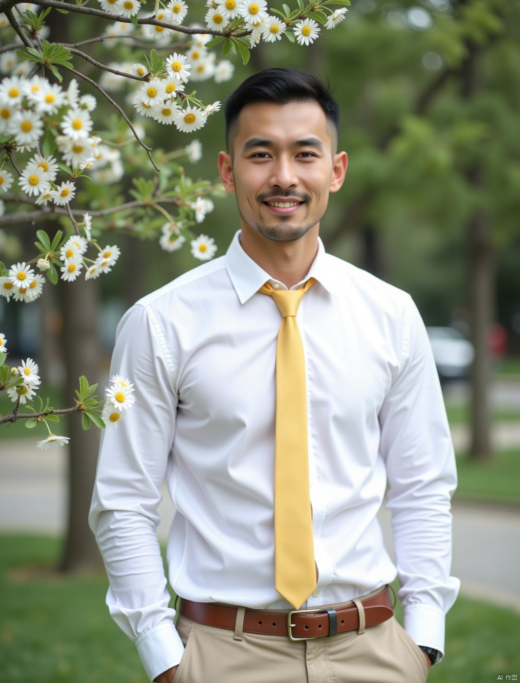 a handsome Asian man with subbles stands in a white collared button-down shirt, khaki pants, and a yellow tie. The man's hair is a dark, and he has a slight smile on his face. The backdrop is blurred, suggesting a natural setting. To the left of the man, a branch with white daisies and green leaves can be seen.