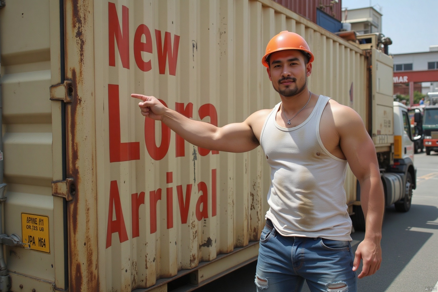 An endomorph Asian docker stands sideways as he points at a container printed with red "New Lora Arrival". He raises head proudly, showing a goofy smile at the camera. He wears a sweat-stained white loose singlet, orange helmet, torn jeans, and a silver necklace around his neck, chiseled face framed by square jawline and dark stubbles. In a bustling port bathed in dappled sunlight.