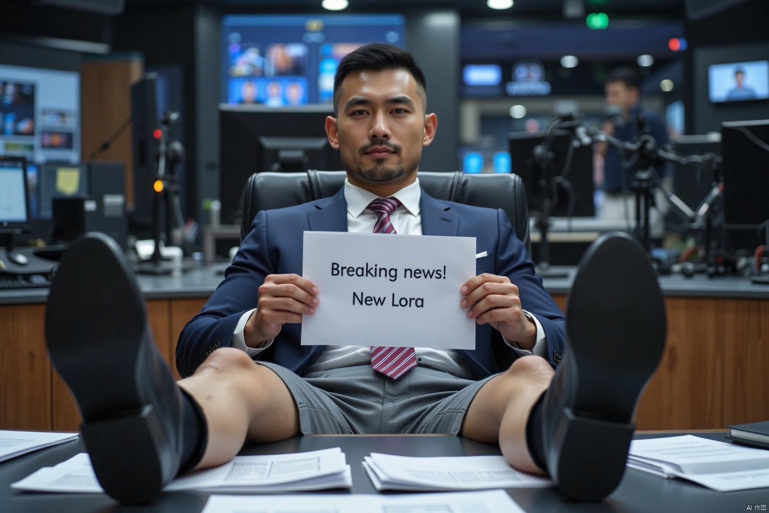 An endomorph Chinese news anchor looks at the camera as he reclines behind a desk laid with pile of papers. His legs rests on the desk, black leather shoes close to the camera. His hands hold a paper written with "Breaking news! New Lora." He wears a white shirt beneath a dark blue suit, grey shorts, and a striped crimson tie around his neck, chiseled face framed by square jawline and dark stubbles. Set in a TV live studio furnished with professional broadcasting devices.