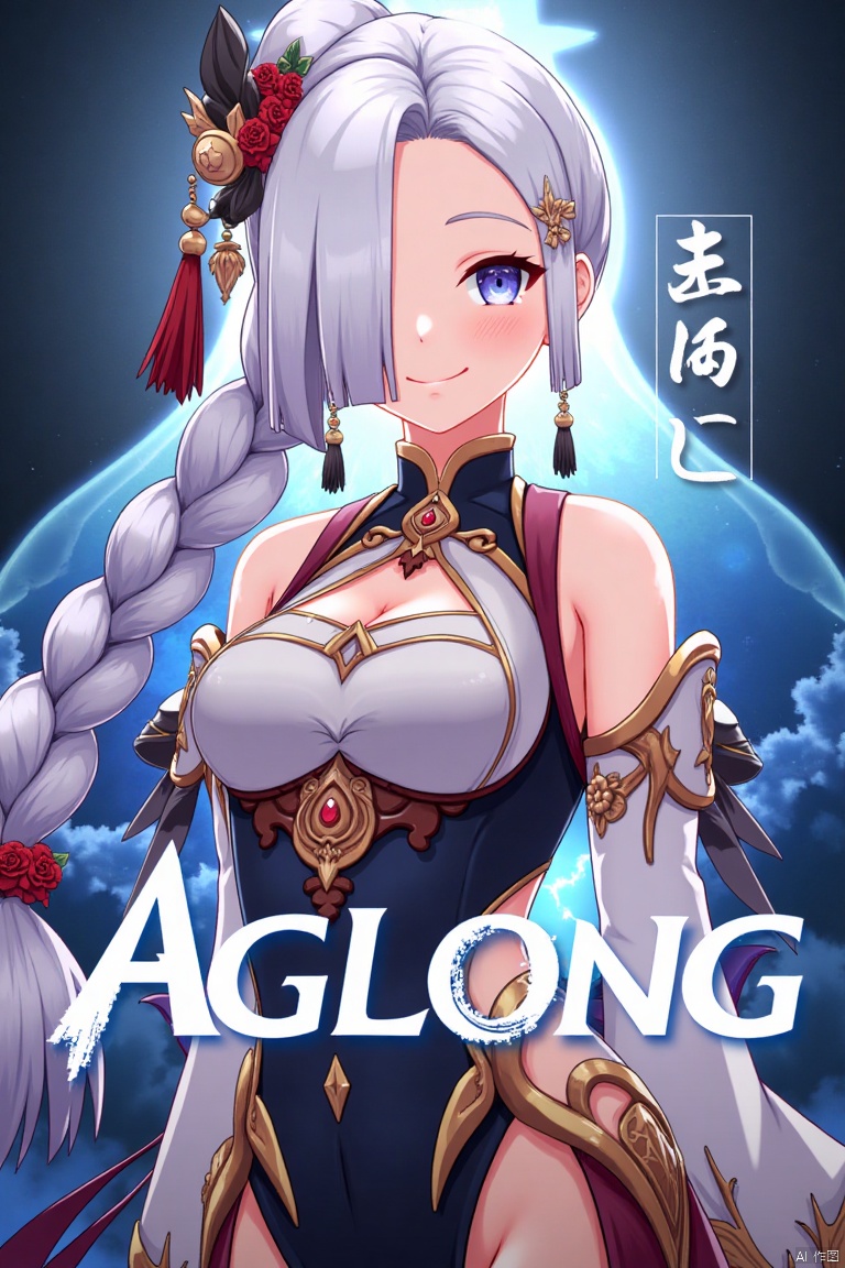 1girl, solo, upper body, very long white braided hair with a braided ponytail, hair over one eye, bangs, blue eyes, looking at viewer, blush, smile, parted lips, hair ornament, tassel earrings, tassel, bodysuit with gold trim, clothing cutout, flower, Shenhe (Genshin Impact) style, movie poster, three-dimensional text AGlong in the middle below, cinematic lighting, dynamic composition, detailed background with poster theme, high contrast, sharp focus, dramatic atmosphere, intense gaze, intricate hair details, glowing highlights, vibrant colors, ethereal glow, flowing fabric, ornate patterns, mystical aura, epic scale, bold typography, layered depth, cinematic framing, dramatic shadows, radiant glow, intricate textures, captivating expression, powerful stance, immersive setting, grand scale, artistic flair, high-definition details, striking visual impact.