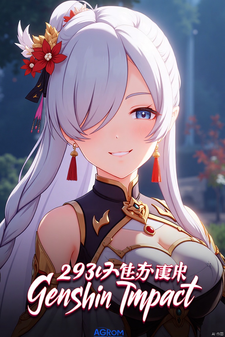 1girl, solo, upper body, very long white braided hair with a braided ponytail, hair over one eye, bangs, blue eyes, looking at viewer, blush, smile, parted lips, hair ornament, tassel earrings, tassel, bodysuit with gold trim, clothing cutout, flower, Shenhe (Genshin Impact) style, movie poster, three-dimensional text AGlong in the middle below, cinematic lighting, dynamic composition, detailed background with poster theme, high contrast, sharp focus, dramatic atmosphere, intense gaze, intricate hair details, glowing highlights, vibrant colors, ethereal glow, flowing fabric, ornate patterns, mystical aura, epic scale, bold typography, layered depth, cinematic framing, dramatic shadows, radiant glow, intricate textures, captivating expression, powerful stance, immersive setting, grand scale, artistic flair, high-definition details, striking visual impact.