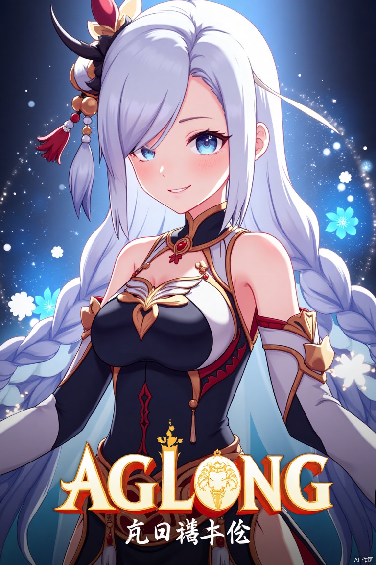 1girl, solo, upper body, very long white braided hair with a braided ponytail, hair over one eye, bangs, blue eyes, looking at viewer, blush, smile, parted lips, hair ornament, tassel earrings, tassel, bodysuit with gold trim, clothing cutout, flower, Shenhe (Genshin Impact) style, movie poster, three-dimensional text AGlong in the middle below, cinematic lighting, dynamic composition, detailed background with poster theme, high contrast, sharp focus, dramatic atmosphere, intense gaze, intricate hair details, glowing highlights, vibrant colors, ethereal glow, flowing fabric, ornate patterns, mystical aura, epic scale, bold typography, layered depth, cinematic framing, dramatic shadows, radiant glow, intricate textures, captivating expression, powerful stance, immersive setting, grand scale, artistic flair, high-definition details, striking visual impact.
