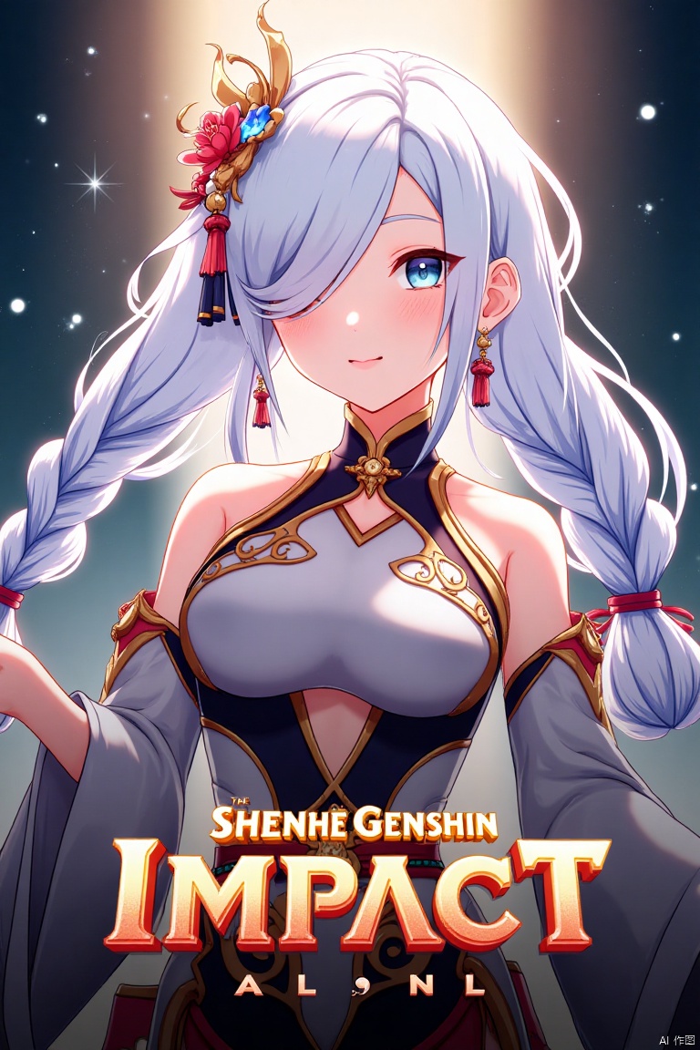 1girl, solo, upper body, very long white braided hair with a braided ponytail, hair over one eye, bangs, blue eyes, looking at viewer, blush, smile, parted lips, hair ornament, tassel earrings, tassel, bodysuit with gold trim, clothing cutout, flower, Shenhe (Genshin Impact) style, movie poster, three-dimensional text AGlong in the middle below, cinematic lighting, dynamic composition, detailed background with poster theme, high contrast, sharp focus, dramatic atmosphere, intense gaze, intricate hair details, glowing highlights, vibrant colors, ethereal glow, flowing fabric, ornate patterns, mystical aura, epic scale, bold typography, layered depth, cinematic framing, dramatic shadows, radiant glow, intricate textures, captivating expression, powerful stance, immersive setting, grand scale, artistic flair, high-definition details, striking visual impact.