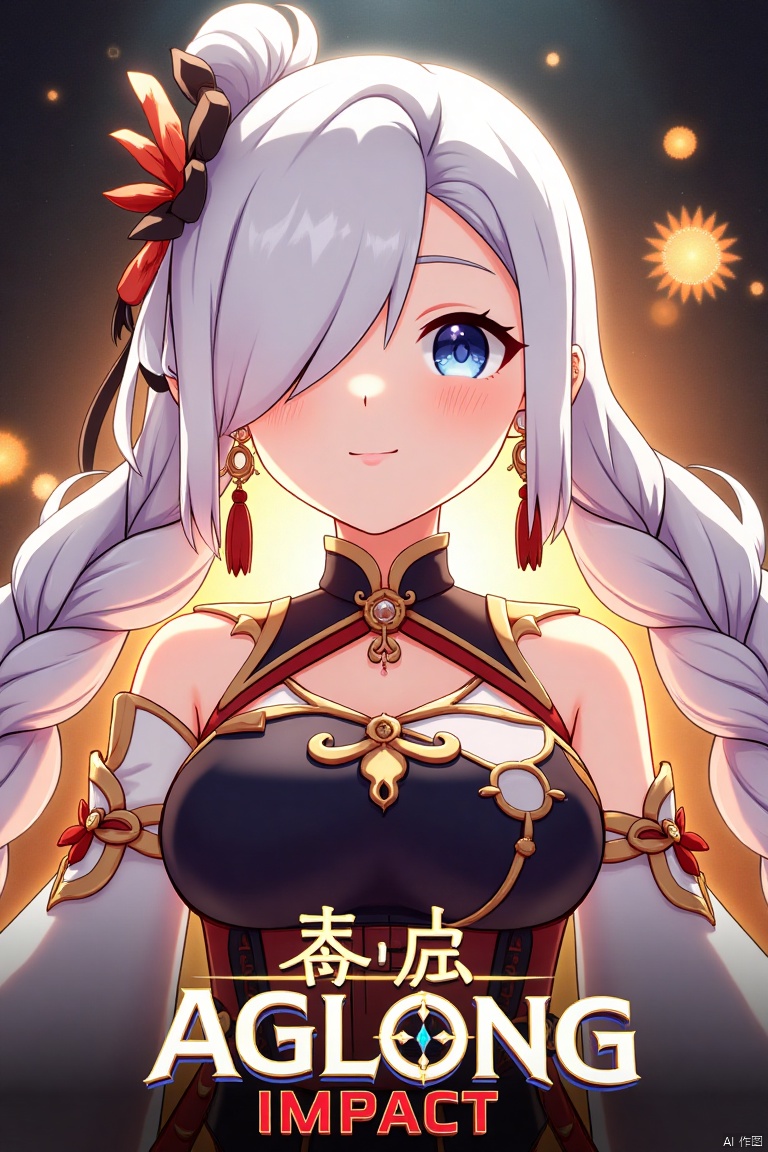 1girl, solo, upper body, very long white braided hair with a braided ponytail, hair over one eye, bangs, blue eyes, looking at viewer, blush, smile, parted lips, hair ornament, tassel earrings, tassel, bodysuit with gold trim, clothing cutout, flower, Shenhe (Genshin Impact) style, movie poster, three-dimensional text AGlong in the middle below, cinematic lighting, dynamic composition, detailed background with poster theme, high contrast, sharp focus, dramatic atmosphere, intense gaze, intricate hair details, glowing highlights, vibrant colors, ethereal glow, flowing fabric, ornate patterns, mystical aura, epic scale, bold typography, layered depth, cinematic framing, dramatic shadows, radiant glow, intricate textures, captivating expression, powerful stance, immersive setting, grand scale, artistic flair, high-definition details, striking visual impact.