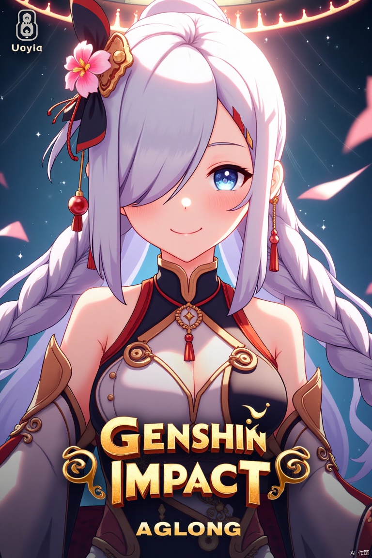 1girl, solo, upper body, very long white braided hair with a braided ponytail, hair over one eye, bangs, blue eyes, looking at viewer, blush, smile, parted lips, hair ornament, tassel earrings, tassel, bodysuit with gold trim, clothing cutout, flower, Shenhe (Genshin Impact) style, movie poster, three-dimensional text AGlong in the middle below, cinematic lighting, dynamic composition, detailed background with poster theme, high contrast, sharp focus, dramatic atmosphere, intense gaze, intricate hair details, glowing highlights, vibrant colors, ethereal glow, flowing fabric, ornate patterns, mystical aura, epic scale, bold typography, layered depth, cinematic framing, dramatic shadows, radiant glow, intricate textures, captivating expression, powerful stance, immersive setting, grand scale, artistic flair, high-definition details, striking visual impact.