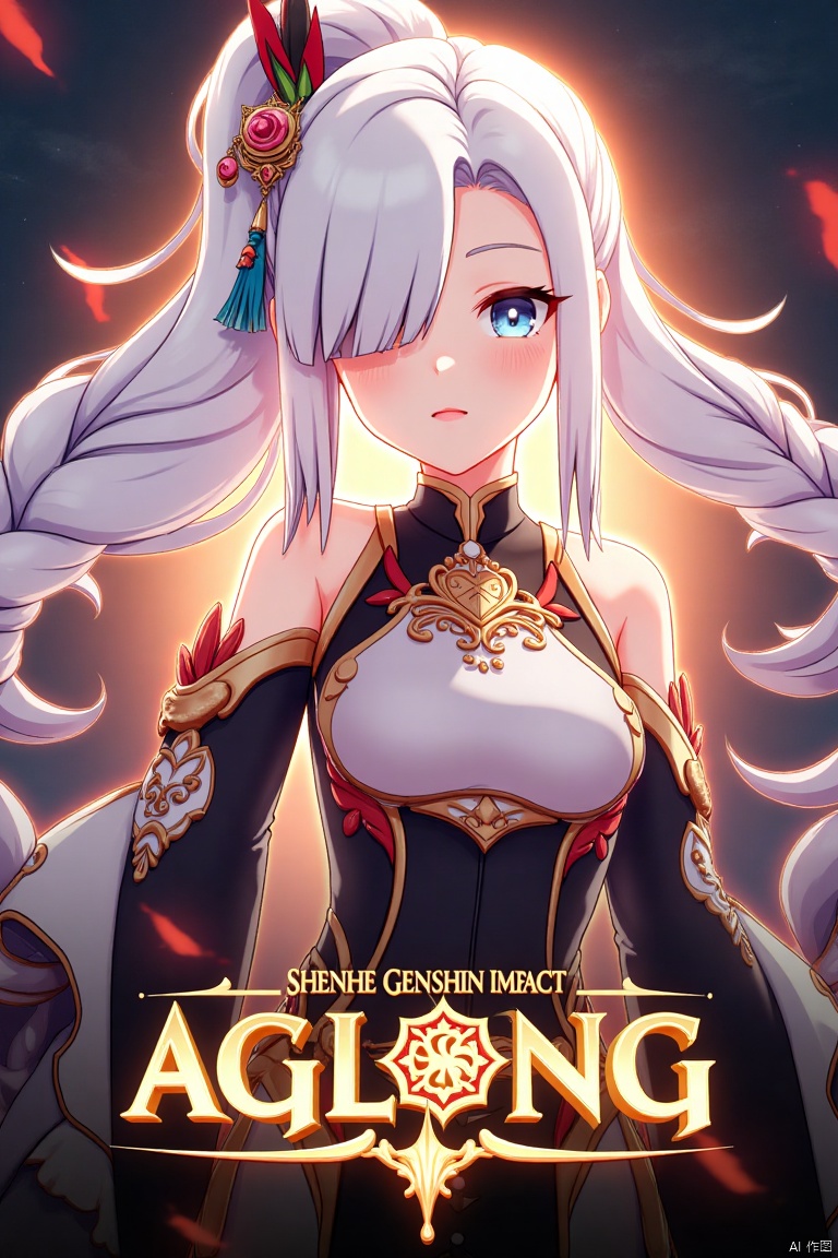 1girl, solo, upper body, very long white braided hair with a braided ponytail, hair over one eye, bangs, blue eyes, looking at viewer, blush, smile, parted lips, hair ornament, tassel earrings, tassel, bodysuit with gold trim, clothing cutout, flower, Shenhe (Genshin Impact) style, movie poster, three-dimensional text AGlong in the middle below, cinematic lighting, dynamic composition, detailed background with poster theme, high contrast, sharp focus, dramatic atmosphere, intense gaze, intricate hair details, glowing highlights, vibrant colors, ethereal glow, flowing fabric, ornate patterns, mystical aura, epic scale, bold typography, layered depth, cinematic framing, dramatic shadows, radiant glow, intricate textures, captivating expression, powerful stance, immersive setting, grand scale, artistic flair, high-definition details, striking visual impact.