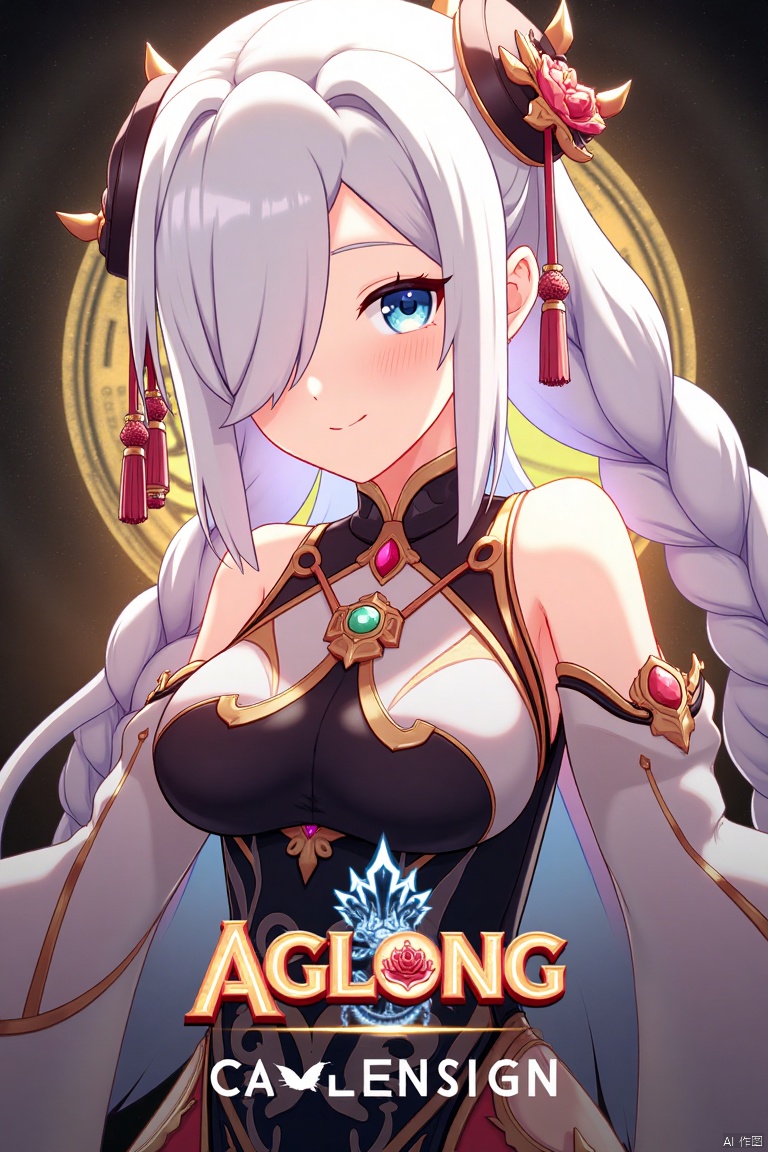 1girl, solo, upper body, very long white braided hair with a braided ponytail, hair over one eye, bangs, blue eyes, looking at viewer, blush, smile, parted lips, hair ornament, tassel earrings, tassel, bodysuit with gold trim, clothing cutout, flower, Shenhe (Genshin Impact) style, movie poster, three-dimensional text AGlong in the middle below, cinematic lighting, dynamic composition, detailed background with poster theme, high contrast, sharp focus, dramatic atmosphere, intense gaze, intricate hair details, glowing highlights, vibrant colors, ethereal glow, flowing fabric, ornate patterns, mystical aura, epic scale, bold typography, layered depth, cinematic framing, dramatic shadows, radiant glow, intricate textures, captivating expression, powerful stance, immersive setting, grand scale, artistic flair, high-definition details, striking visual impact.