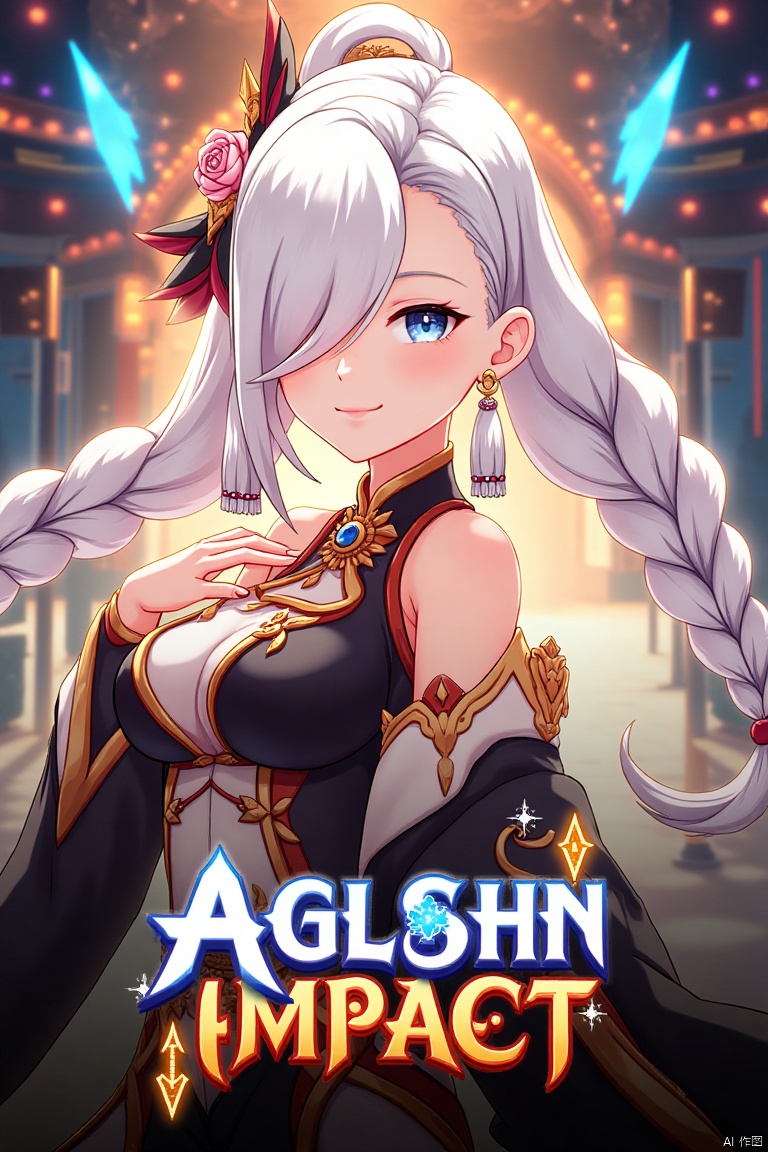 1girl, solo, upper body, very long white braided hair with a braided ponytail, hair over one eye, bangs, blue eyes, looking at viewer, blush, smile, parted lips, hair ornament, tassel earrings, tassel, bodysuit with gold trim, clothing cutout, flower, Shenhe (Genshin Impact) style, movie poster, three-dimensional text AGlong in the middle below, cinematic lighting, dynamic composition, detailed background with poster theme, high contrast, sharp focus, dramatic atmosphere, intense gaze, intricate hair details, glowing highlights, vibrant colors, ethereal glow, flowing fabric, ornate patterns, mystical aura, epic scale, bold typography, layered depth, cinematic framing, dramatic shadows, radiant glow, intricate textures, captivating expression, powerful stance, immersive setting, grand scale, artistic flair, high-definition details, striking visual impact.