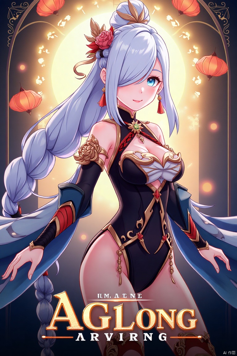 1girl, solo, upper body, very long white braided hair with a braided ponytail, hair over one eye, bangs, blue eyes, looking at viewer, blush, smile, parted lips, hair ornament, tassel earrings, tassel, bodysuit with gold trim, clothing cutout, flower, Shenhe (Genshin Impact) style, movie poster, three-dimensional text AGlong in the middle below, cinematic lighting, dynamic composition, detailed background with poster theme, high contrast, sharp focus, dramatic atmosphere, intense gaze, intricate hair details, glowing highlights, vibrant colors, ethereal glow, flowing fabric, ornate patterns, mystical aura, epic scale, bold typography, layered depth, cinematic framing, dramatic shadows, radiant glow, intricate textures, captivating expression, powerful stance, immersive setting, grand scale, artistic flair, high-definition details, striking visual impact.