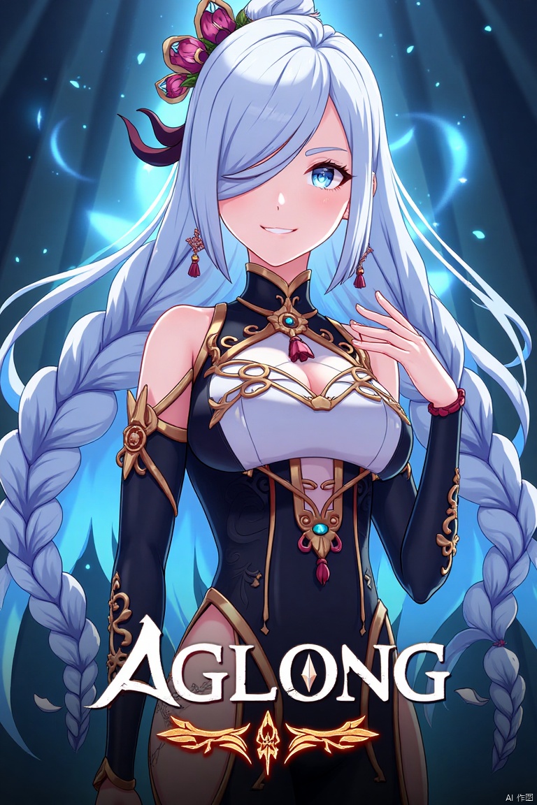 1girl, solo, upper body, very long white braided hair with a braided ponytail, hair over one eye, bangs, blue eyes, looking at viewer, blush, smile, parted lips, hair ornament, tassel earrings, tassel, bodysuit with gold trim, clothing cutout, flower, Shenhe (Genshin Impact) style, movie poster, three-dimensional text AGlong in the middle below, cinematic lighting, dynamic composition, detailed background with poster theme, high contrast, sharp focus, dramatic atmosphere, intense gaze, intricate hair details, glowing highlights, vibrant colors, ethereal glow, flowing fabric, ornate patterns, mystical aura, epic scale, bold typography, layered depth, cinematic framing, dramatic shadows, radiant glow, intricate textures, captivating expression, powerful stance, immersive setting, grand scale, artistic flair, high-definition details, striking visual impact.