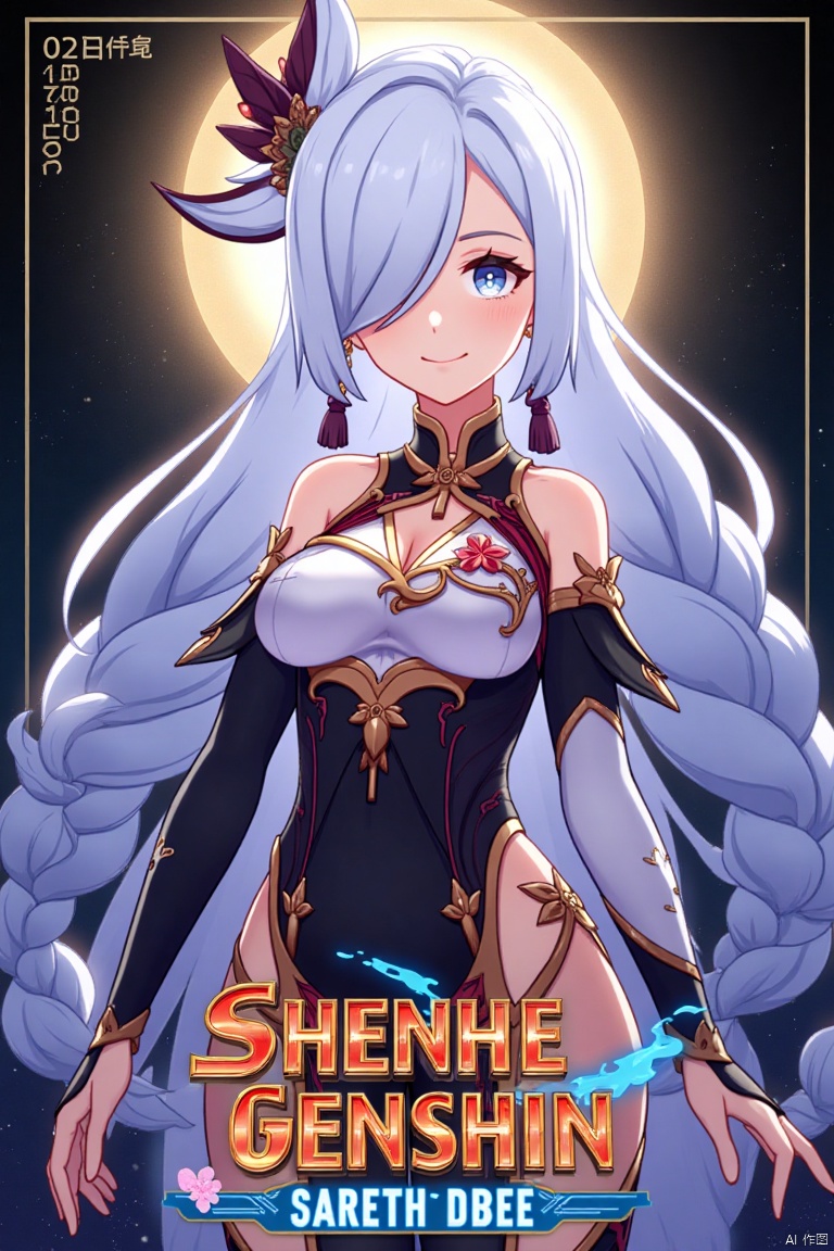 1girl, solo, upper body, very long white braided hair with a braided ponytail, hair over one eye, bangs, blue eyes, looking at viewer, blush, smile, parted lips, hair ornament, tassel earrings, tassel, bodysuit with gold trim, clothing cutout, flower, Shenhe (Genshin Impact) style, movie poster, three-dimensional text AGlong in the middle below, cinematic lighting, dynamic composition, detailed background with poster theme, high contrast, sharp focus, dramatic atmosphere, intense gaze, intricate hair details, glowing highlights, vibrant colors, ethereal glow, flowing fabric, ornate patterns, mystical aura, epic scale, bold typography, layered depth, cinematic framing, dramatic shadows, radiant glow, intricate textures, captivating expression, powerful stance, immersive setting, grand scale, artistic flair, high-definition details, striking visual impact.