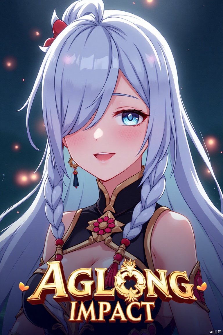1girl, solo, upper body, very long white braided hair with a braided ponytail, hair over one eye, bangs, blue eyes, looking at viewer, blush, smile, parted lips, hair ornament, tassel earrings, tassel, bodysuit with gold trim, clothing cutout, flower, Shenhe (Genshin Impact) style, movie poster, three-dimensional text AGlong in the middle below, cinematic lighting, dynamic composition, detailed background with poster theme, high contrast, sharp focus, dramatic atmosphere, intense gaze, intricate hair details, glowing highlights, vibrant colors, ethereal glow, flowing fabric, ornate patterns, mystical aura, epic scale, bold typography, layered depth, cinematic framing, dramatic shadows, radiant glow, intricate textures, captivating expression, powerful stance, immersive setting, grand scale, artistic flair, high-definition details, striking visual impact.