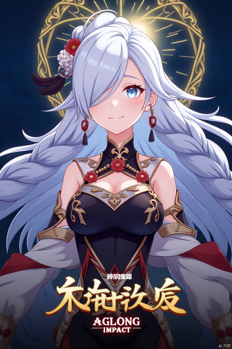 1girl, solo, upper body, very long white braided hair with a braided ponytail, hair over one eye, bangs, blue eyes, looking at viewer, blush, smile, parted lips, hair ornament, tassel earrings, tassel, bodysuit with gold trim, clothing cutout, flower, Shenhe (Genshin Impact) style, movie poster, three-dimensional text AGlong in the middle below, cinematic lighting, dynamic composition, detailed background with poster theme, high contrast, sharp focus, dramatic atmosphere, intense gaze, intricate hair details, glowing highlights, vibrant colors, ethereal glow, flowing fabric, ornate patterns, mystical aura, epic scale, bold typography, layered depth, cinematic framing, dramatic shadows, radiant glow, intricate textures, captivating expression, powerful stance, immersive setting, grand scale, artistic flair, high-definition details, striking visual impact.