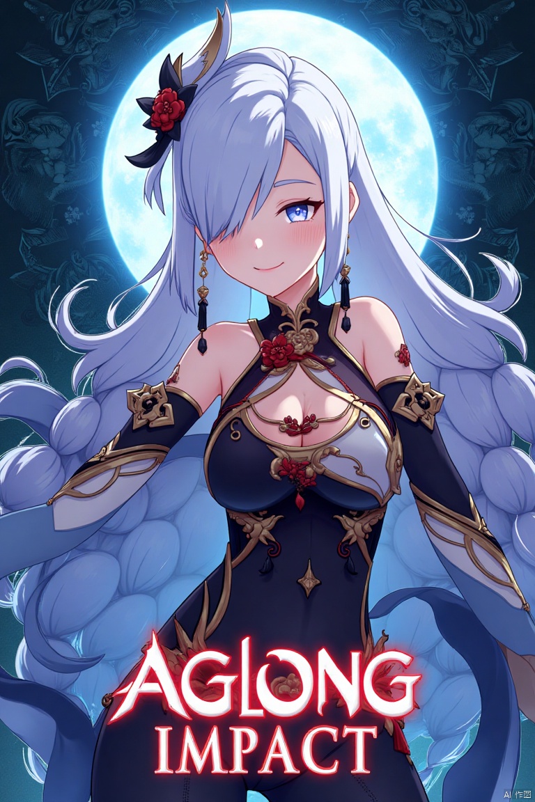1girl, solo, upper body, very long white braided hair with a braided ponytail, hair over one eye, bangs, blue eyes, looking at viewer, blush, smile, parted lips, hair ornament, tassel earrings, tassel, bodysuit with gold trim, clothing cutout, flower, Shenhe (Genshin Impact) style, movie poster, three-dimensional text AGlong in the middle below, cinematic lighting, dynamic composition, detailed background with poster theme, high contrast, sharp focus, dramatic atmosphere, intense gaze, intricate hair details, glowing highlights, vibrant colors, ethereal glow, flowing fabric, ornate patterns, mystical aura, epic scale, bold typography, layered depth, cinematic framing, dramatic shadows, radiant glow, intricate textures, captivating expression, powerful stance, immersive setting, grand scale, artistic flair, high-definition details, striking visual impact.
