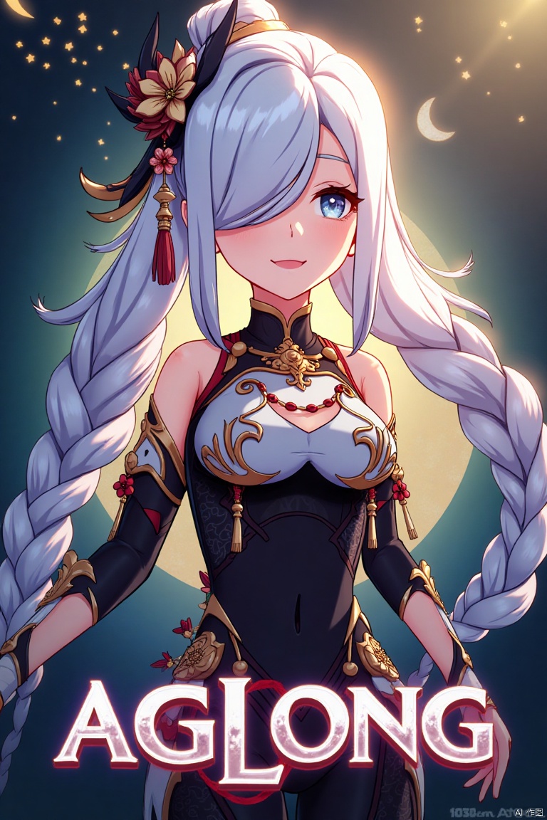 1girl, solo, upper body, very long white braided hair with a braided ponytail, hair over one eye, bangs, blue eyes, looking at viewer, blush, smile, parted lips, hair ornament, tassel earrings, tassel, bodysuit with gold trim, clothing cutout, flower, Shenhe (Genshin Impact) style, movie poster, three-dimensional text AGlong in the middle below, cinematic lighting, dynamic composition, detailed background with poster theme, high contrast, sharp focus, dramatic atmosphere, intense gaze, intricate hair details, glowing highlights, vibrant colors, ethereal glow, flowing fabric, ornate patterns, mystical aura, epic scale, bold typography, layered depth, cinematic framing, dramatic shadows, radiant glow, intricate textures, captivating expression, powerful stance, immersive setting, grand scale, artistic flair, high-definition details, striking visual impact.