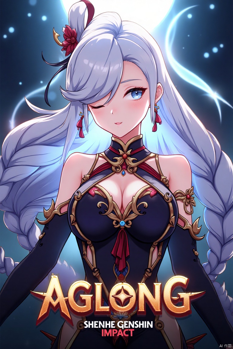 1girl, solo, upper body, very long white braided hair with a braided ponytail, hair over one eye, bangs, blue eyes, looking at viewer, blush, smile, parted lips, hair ornament, tassel earrings, tassel, bodysuit with gold trim, clothing cutout, flower, Shenhe (Genshin Impact) style, movie poster, three-dimensional text AGlong in the middle below, cinematic lighting, dynamic composition, detailed background with poster theme, high contrast, sharp focus, dramatic atmosphere, intense gaze, intricate hair details, glowing highlights, vibrant colors, ethereal glow, flowing fabric, ornate patterns, mystical aura, epic scale, bold typography, layered depth, cinematic framing, dramatic shadows, radiant glow, intricate textures, captivating expression, powerful stance, immersive setting, grand scale, artistic flair, high-definition details, striking visual impact.