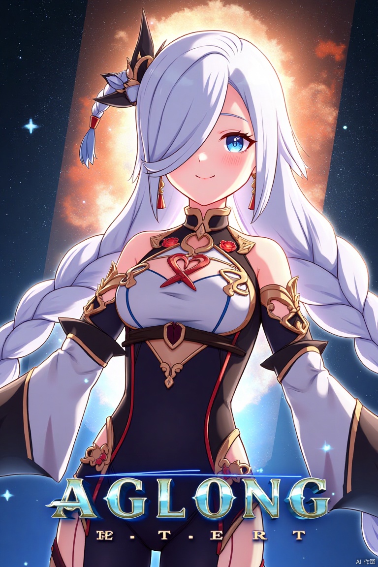 1girl, solo, upper body, very long white braided hair with a braided ponytail, hair over one eye, bangs, blue eyes, looking at viewer, blush, smile, parted lips, hair ornament, tassel earrings, tassel, bodysuit with gold trim, clothing cutout, flower, Shenhe (Genshin Impact) style, movie poster, three-dimensional text AGlong in the middle below, cinematic lighting, dynamic composition, detailed background with poster theme, high contrast, sharp focus, dramatic atmosphere, intense gaze, intricate hair details, glowing highlights, vibrant colors, ethereal glow, flowing fabric, ornate patterns, mystical aura, epic scale, bold typography, layered depth, cinematic framing, dramatic shadows, radiant glow, intricate textures, captivating expression, powerful stance, immersive setting, grand scale, artistic flair, high-definition details, striking visual impact.