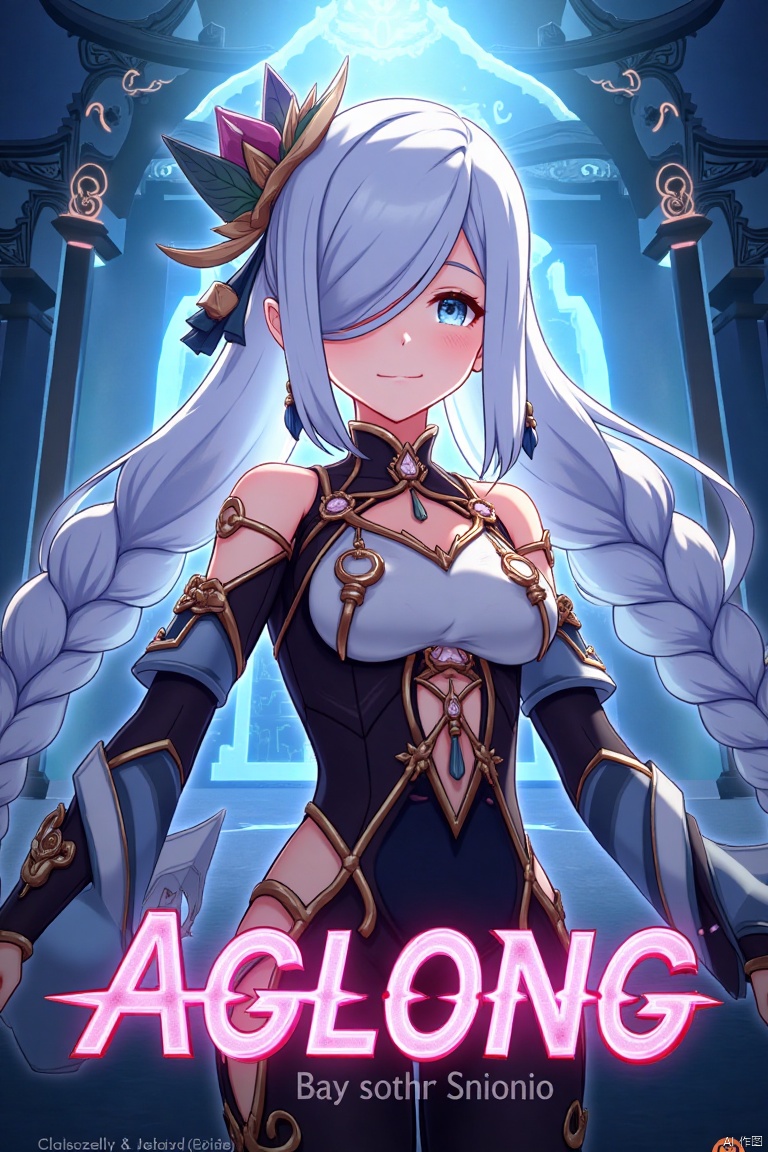 1girl, solo, upper body, very long white braided hair with a braided ponytail, hair over one eye, bangs, blue eyes, looking at viewer, blush, smile, parted lips, hair ornament, tassel earrings, tassel, bodysuit with gold trim, clothing cutout, flower, Shenhe (Genshin Impact) style, movie poster, three-dimensional text AGlong in the middle below, cinematic lighting, dynamic composition, detailed background with poster theme, high contrast, sharp focus, dramatic atmosphere, intense gaze, intricate hair details, glowing highlights, vibrant colors, ethereal glow, flowing fabric, ornate patterns, mystical aura, epic scale, bold typography, layered depth, cinematic framing, dramatic shadows, radiant glow, intricate textures, captivating expression, powerful stance, immersive setting, grand scale, artistic flair, high-definition details, striking visual impact.
