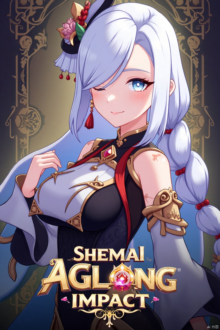1girl, solo, upper body, very long white braided hair with a braided ponytail, hair over one eye, bangs, blue eyes, looking at viewer, blush, smile, parted lips, hair ornament, tassel earrings, tassel, bodysuit with gold trim, clothing cutout, flower, Shenhe (Genshin Impact) style, movie poster, three-dimensional text AGlong in the middle below, cinematic lighting, dynamic composition, detailed background with poster theme, high contrast, sharp focus, dramatic atmosphere, intense gaze, intricate hair details, glowing highlights, vibrant colors, ethereal glow, flowing fabric, ornate patterns, mystical aura, epic scale, bold typography, layered depth, cinematic framing, dramatic shadows, radiant glow, intricate textures, captivating expression, powerful stance, immersive setting, grand scale, artistic flair, high-definition details, striking visual impact.