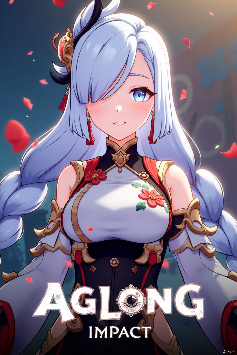 1girl, solo, upper body, very long white braided hair with a braided ponytail, hair over one eye, bangs, blue eyes, looking at viewer, blush, smile, parted lips, hair ornament, tassel earrings, tassel, bodysuit with gold trim, clothing cutout, flower, Shenhe (Genshin Impact) style, movie poster, three-dimensional text AGlong in the middle below, cinematic lighting, dynamic composition, detailed background with poster theme, high contrast, sharp focus, dramatic atmosphere, intense gaze, intricate hair details, glowing highlights, vibrant colors, ethereal glow, flowing fabric, ornate patterns, mystical aura, epic scale, bold typography, layered depth, cinematic framing, dramatic shadows, radiant glow, intricate textures, captivating expression, powerful stance, immersive setting, grand scale, artistic flair, high-definition details, striking visual impact.