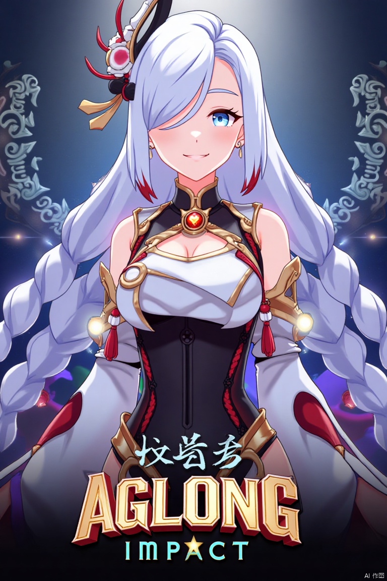 1girl, solo, upper body, very long white braided hair with a braided ponytail, hair over one eye, bangs, blue eyes, looking at viewer, blush, smile, parted lips, hair ornament, tassel earrings, tassel, bodysuit with gold trim, clothing cutout, flower, Shenhe (Genshin Impact) style, movie poster, three-dimensional text AGlong in the middle below, cinematic lighting, dynamic composition, detailed background with poster theme, high contrast, sharp focus, dramatic atmosphere, intense gaze, intricate hair details, glowing highlights, vibrant colors, ethereal glow, flowing fabric, ornate patterns, mystical aura, epic scale, bold typography, layered depth, cinematic framing, dramatic shadows, radiant glow, intricate textures, captivating expression, powerful stance, immersive setting, grand scale, artistic flair, high-definition details, striking visual impact.