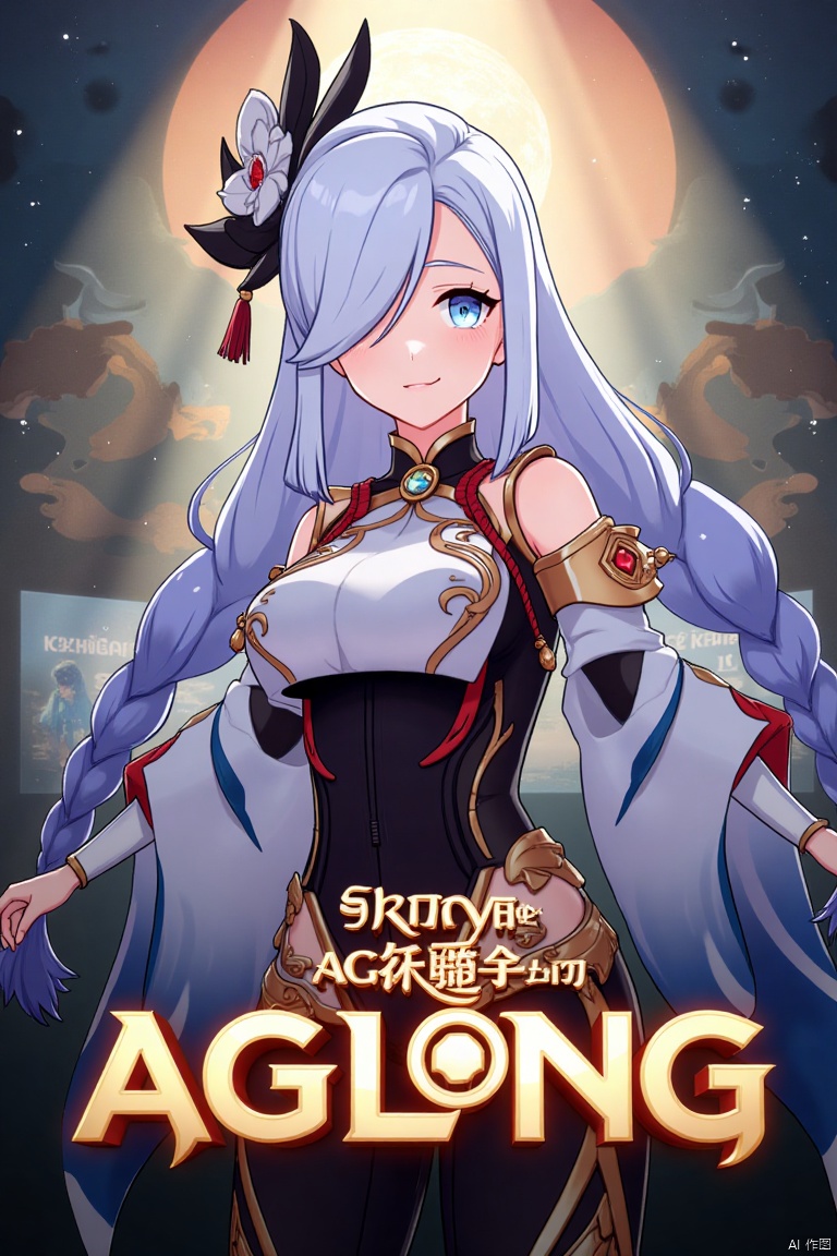 1girl, solo, upper body, very long white braided hair with a braided ponytail, hair over one eye, bangs, blue eyes, looking at viewer, blush, smile, parted lips, hair ornament, tassel earrings, tassel, bodysuit with gold trim, clothing cutout, flower, Shenhe (Genshin Impact) style, movie poster, three-dimensional text AGlong in the middle below, cinematic lighting, dynamic composition, detailed background with poster theme, high contrast, sharp focus, dramatic atmosphere, intense gaze, intricate hair details, glowing highlights, vibrant colors, ethereal glow, flowing fabric, ornate patterns, mystical aura, epic scale, bold typography, layered depth, cinematic framing, dramatic shadows, radiant glow, intricate textures, captivating expression, powerful stance, immersive setting, grand scale, artistic flair, high-definition details, striking visual impact.