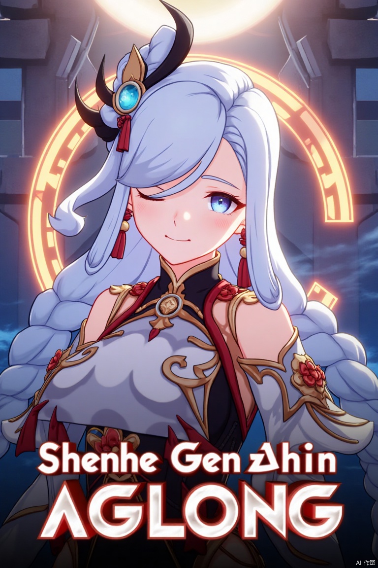 1girl, solo, upper body, very long white braided hair with a braided ponytail, hair over one eye, bangs, blue eyes, looking at viewer, blush, smile, parted lips, hair ornament, tassel earrings, tassel, bodysuit with gold trim, clothing cutout, flower, Shenhe (Genshin Impact) style, movie poster, three-dimensional text AGlong in the middle below, cinematic lighting, dynamic composition, detailed background with poster theme, high contrast, sharp focus, dramatic atmosphere, intense gaze, intricate hair details, glowing highlights, vibrant colors, ethereal glow, flowing fabric, ornate design, mystical aura, fantasy setting, bold typography, layered depth, epic scale, immersive scene.