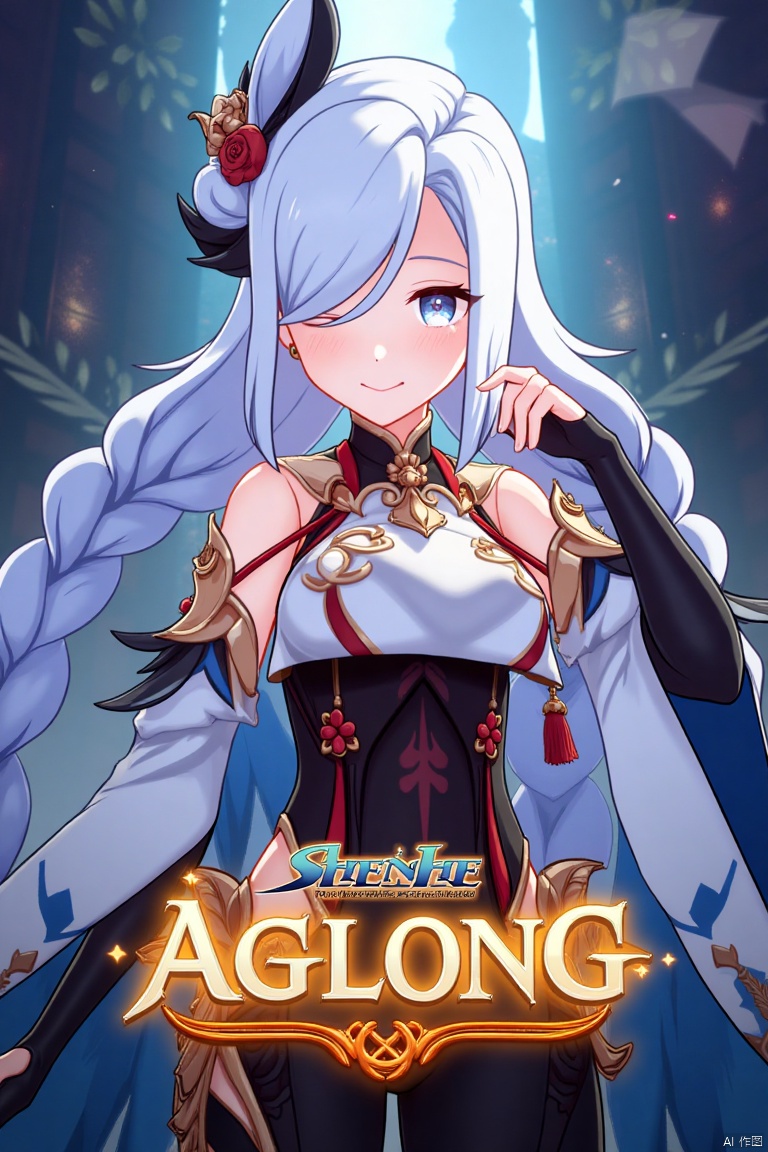 1girl, solo, upper body, very long white braided hair with a braided ponytail, hair over one eye, bangs, blue eyes, looking at viewer, blush, smile, parted lips, hair ornament, tassel earrings, tassel, bodysuit with gold trim, clothing cutout, flower, Shenhe (Genshin Impact) style, movie poster, three-dimensional text AGlong in the middle below, cinematic lighting, dynamic composition, detailed background with poster theme, high contrast, sharp focus, dramatic atmosphere, intense gaze, intricate hair details, glowing highlights, vibrant colors, ethereal glow, flowing fabric, ornate design, mystical aura, fantasy setting, bold typography, layered depth, epic scale, immersive scene.