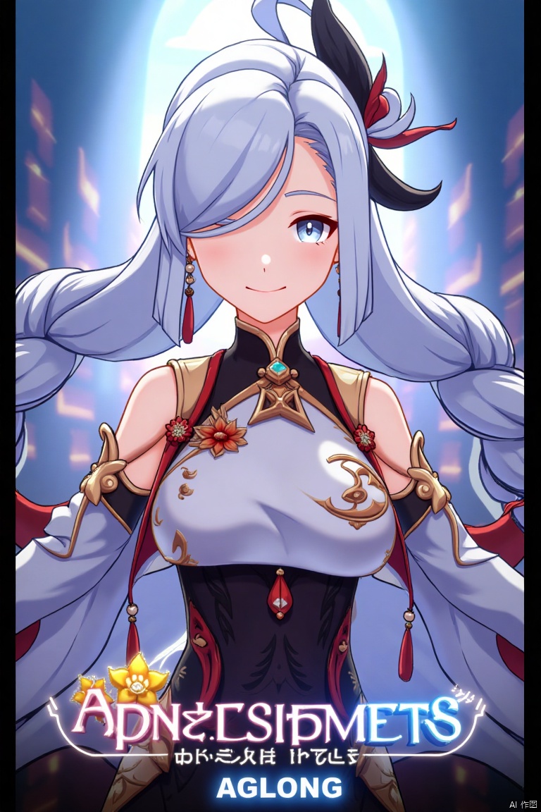 1girl, solo, upper body, very long white braided hair with a braided ponytail, hair over one eye, bangs, blue eyes, looking at viewer, blush, smile, parted lips, hair ornament, tassel earrings, tassel, bodysuit with gold trim, clothing cutout, flower, Shenhe (Genshin Impact) style, movie poster, three-dimensional text AGlong in the middle below, cinematic lighting, dynamic composition, detailed background with poster theme, high contrast, sharp focus, dramatic atmosphere, intense gaze, intricate hair details, glowing highlights, vibrant colors, ethereal glow, flowing fabric, ornate design, mystical aura, fantasy setting, bold typography, layered depth, epic scale, immersive scene.