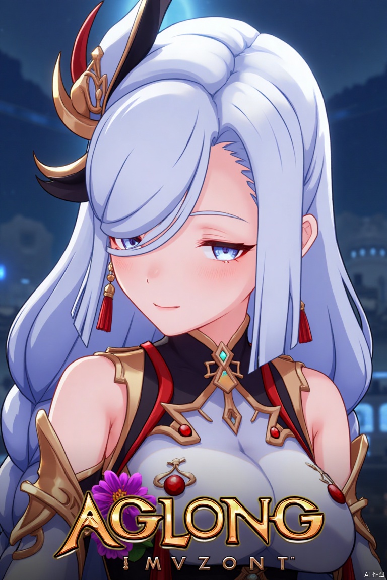 1girl, solo, upper body, very long white braided hair with a braided ponytail, hair over one eye, bangs, blue eyes, looking at viewer, blush, smile, parted lips, hair ornament, tassel earrings, tassel, bodysuit with gold trim, clothing cutout, flower, Shenhe (Genshin Impact) style, movie poster, three-dimensional text AGlong in the middle below, cinematic lighting, dynamic composition, detailed background with poster theme, high contrast, sharp focus, dramatic atmosphere, intense gaze, intricate hair details, glowing highlights, vibrant colors, ethereal glow, flowing fabric, ornate design, mystical aura, fantasy setting, bold typography, layered depth, epic scale, immersive scene.