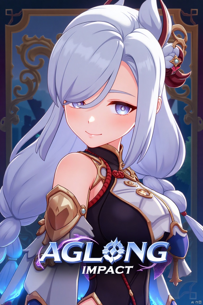 1girl, solo, upper body, very long white braided hair with a braided ponytail, hair over one eye, bangs, blue eyes, looking at viewer, blush, smile, parted lips, hair ornament, tassel earrings, tassel, bodysuit with gold trim, clothing cutout, flower, Shenhe (Genshin Impact) style, movie poster, three-dimensional text AGlong in the middle below, cinematic lighting, dynamic composition, detailed background with poster theme, high contrast, sharp focus, dramatic atmosphere, intense gaze, intricate hair details, glowing highlights, vibrant colors, ethereal glow, flowing fabric, ornate design, mystical aura, fantasy setting, bold typography, layered depth, epic scale, immersive scene.
