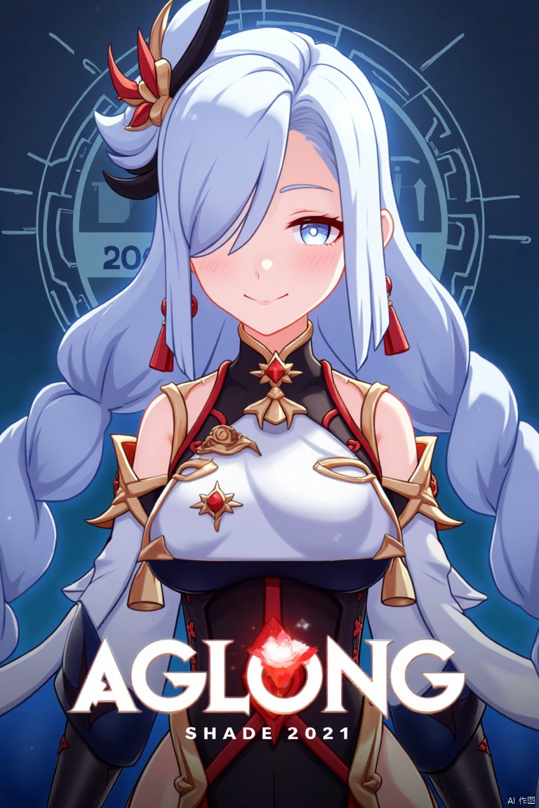 1girl, solo, upper body, very long white braided hair with a braided ponytail, hair over one eye, bangs, blue eyes, looking at viewer, blush, smile, parted lips, hair ornament, tassel earrings, tassel, bodysuit with gold trim, clothing cutout, flower, Shenhe (Genshin Impact) style, movie poster, three-dimensional text AGlong in the middle below, cinematic lighting, dynamic composition, detailed background with poster theme, high contrast, sharp focus, dramatic atmosphere, intense gaze, intricate hair details, glowing highlights, vibrant colors, ethereal glow, flowing fabric, ornate design, mystical aura, fantasy setting, bold typography, layered depth, epic scale, immersive scene.