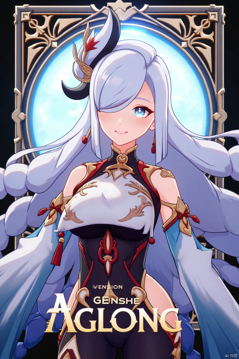 1girl, solo, upper body, very long white braided hair with a braided ponytail, hair over one eye, bangs, blue eyes, looking at viewer, blush, smile, parted lips, hair ornament, tassel earrings, tassel, bodysuit with gold trim, clothing cutout, flower, Shenhe (Genshin Impact) style, movie poster, three-dimensional text AGlong in the middle below, cinematic lighting, dynamic composition, detailed background with poster theme, high contrast, sharp focus, dramatic atmosphere, intense gaze, intricate hair details, glowing highlights, vibrant colors, ethereal glow, flowing fabric, ornate design, mystical aura, fantasy setting, bold typography, layered depth, epic scale, immersive scene.