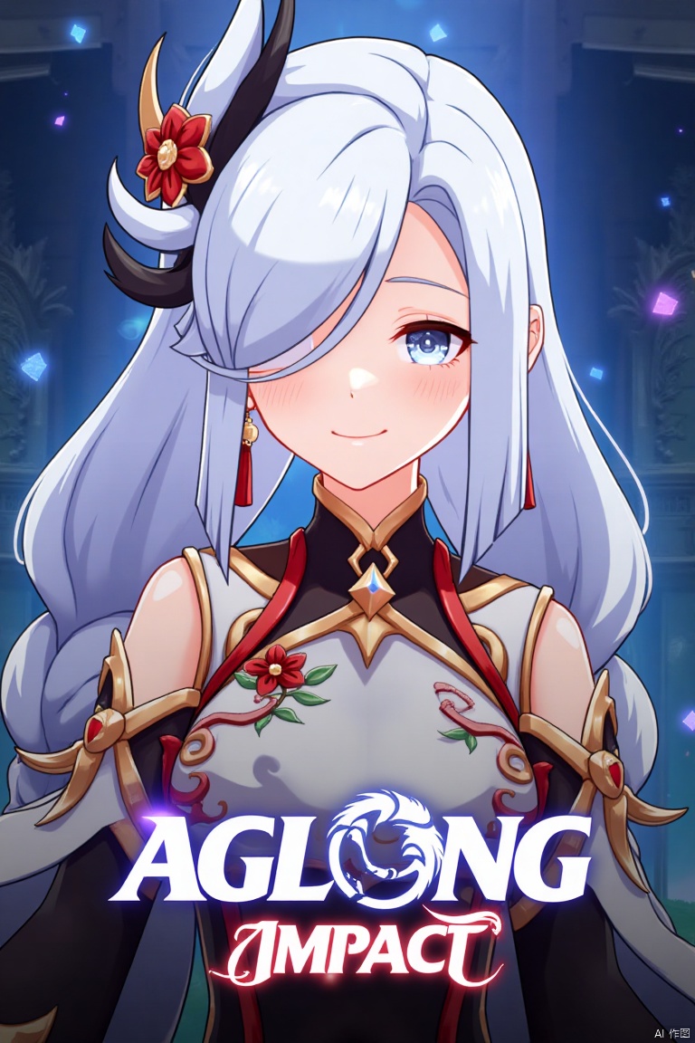 1girl, solo, upper body, very long white braided hair with a braided ponytail, hair over one eye, bangs, blue eyes, looking at viewer, blush, smile, parted lips, hair ornament, tassel earrings, tassel, bodysuit with gold trim, clothing cutout, flower, Shenhe (Genshin Impact) style, movie poster, three-dimensional text AGlong in the middle below, cinematic lighting, dynamic composition, detailed background with poster theme, high contrast, sharp focus, dramatic atmosphere, intense gaze, intricate hair details, glowing highlights, vibrant colors, ethereal glow, flowing fabric, ornate design, mystical aura, fantasy setting, bold typography, layered depth, epic scale, immersive scene.