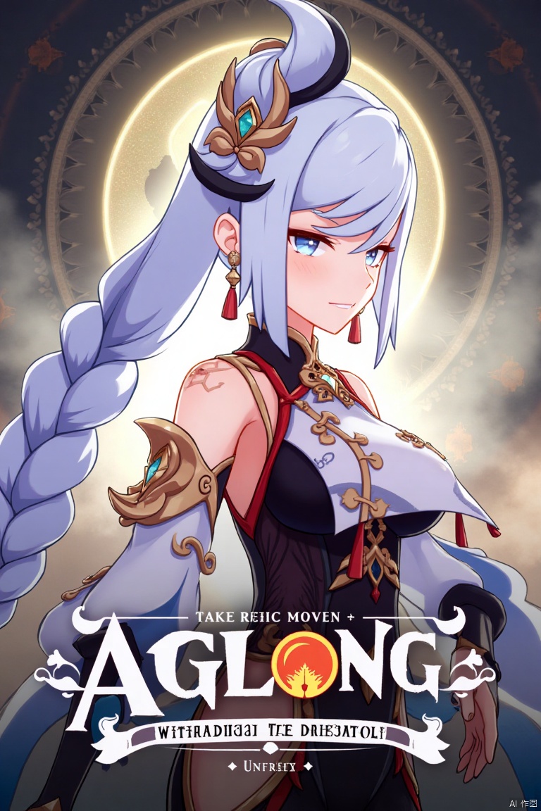 1girl, solo, upper body, very long white braided hair with a braided ponytail, hair over one eye, bangs, blue eyes, looking at viewer, blush, smile, parted lips, hair ornament, tassel earrings, tassel, bodysuit with gold trim, clothing cutout, flower, Shenhe (Genshin Impact) style, movie poster, three-dimensional text AGlong in the middle below, cinematic lighting, dynamic composition, detailed background with poster theme, high contrast, sharp focus, dramatic atmosphere, intense gaze, intricate hair details, glowing highlights, vibrant colors, ethereal glow, flowing fabric, ornate design, mystical aura, fantasy setting, bold typography, layered depth, epic scale, immersive scene.