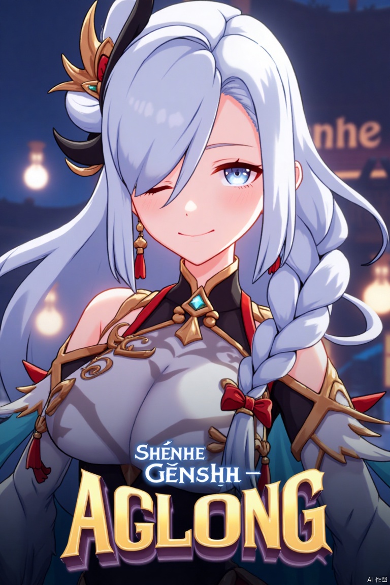 1girl, solo, upper body, very long white braided hair with a braided ponytail, hair over one eye, bangs, blue eyes, looking at viewer, blush, smile, parted lips, hair ornament, tassel earrings, tassel, bodysuit with gold trim, clothing cutout, flower, Shenhe (Genshin Impact) style, movie poster, three-dimensional text AGlong in the middle below, cinematic lighting, dynamic composition, detailed background with poster theme, high contrast, sharp focus, dramatic atmosphere, intense gaze, intricate hair details, glowing highlights, vibrant colors, ethereal glow, flowing fabric, ornate design, mystical aura, fantasy setting, bold typography, layered depth, epic scale, immersive scene.