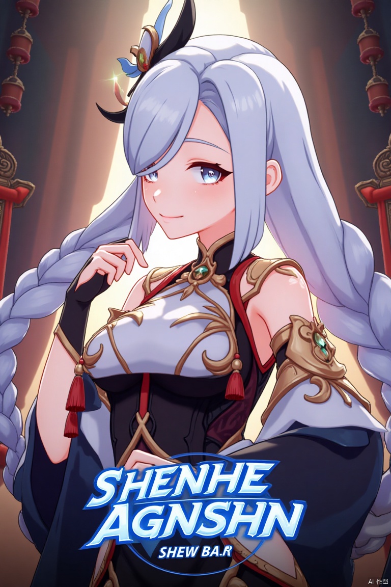 1girl, solo, upper body, very long white braided hair with a braided ponytail, hair over one eye, bangs, blue eyes, looking at viewer, blush, smile, parted lips, hair ornament, tassel earrings, tassel, bodysuit with gold trim, clothing cutout, flower, Shenhe (Genshin Impact) style, movie poster, three-dimensional text AGlong in the middle below, cinematic lighting, dynamic composition, detailed background with poster theme, high contrast, sharp focus, dramatic atmosphere, intense gaze, intricate hair details, glowing highlights, vibrant colors, ethereal glow, flowing fabric, ornate design, mystical aura, fantasy setting, bold typography, layered depth, epic scale, immersive scene.