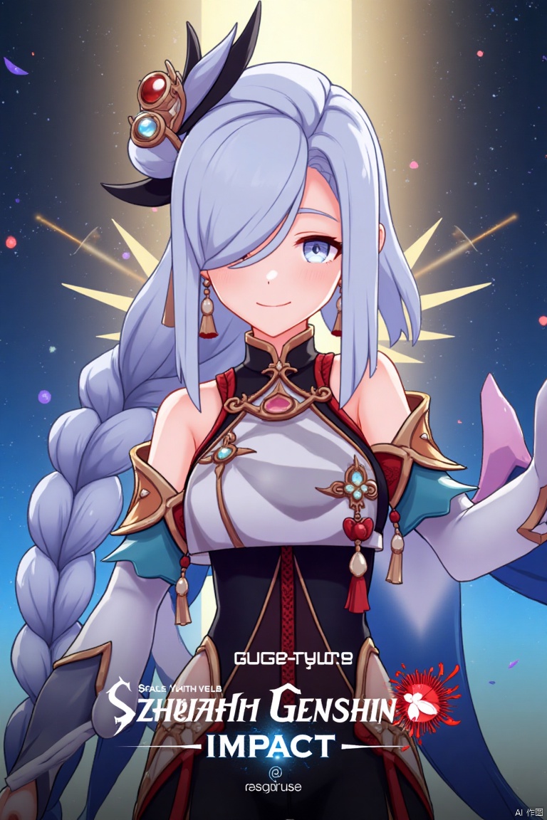 1girl, solo, upper body, very long white braided hair with a braided ponytail, hair over one eye, bangs, blue eyes, looking at viewer, blush, smile, parted lips, hair ornament, tassel earrings, tassel, bodysuit with gold trim, clothing cutout, flower, Shenhe (Genshin Impact) style, movie poster, three-dimensional text AGlong in the middle below, cinematic lighting, dynamic composition, detailed background with poster theme, high contrast, sharp focus, dramatic atmosphere, intense gaze, intricate hair details, glowing highlights, vibrant colors, ethereal glow, flowing fabric, ornate patterns, mystical aura, epic scale, bold typography, layered depth, cinematic framing, dramatic shadows, radiant glow, intricate textures, captivating expression, powerful stance, immersive setting, grand scale, artistic flair, high-definition details, striking visual impact.