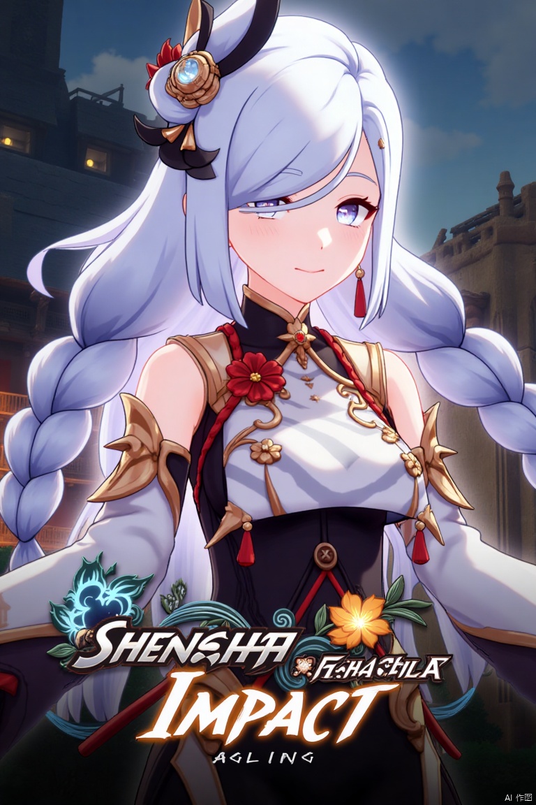 1girl, solo, upper body, very long white braided hair with a braided ponytail, hair over one eye, bangs, blue eyes, looking at viewer, blush, smile, parted lips, hair ornament, tassel earrings, tassel, bodysuit with gold trim, clothing cutout, flower, Shenhe (Genshin Impact) style, cinematic lighting, dynamic composition, detailed background with poster theme, high contrast, sharp focus, dramatic atmosphere, three-dimensional text AGlong in the middle below, movie poster style, elegant pose, intricate details, vibrant colors, epic framing, intense expression, mystical setting.
