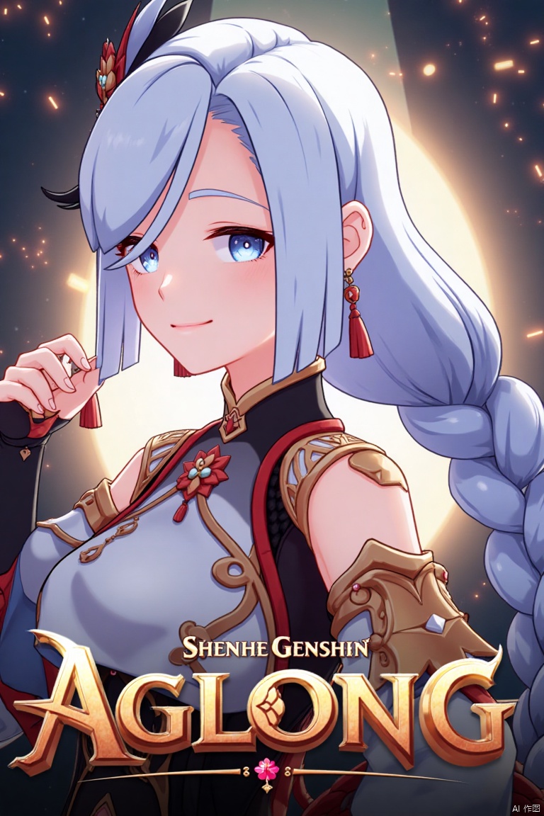 1girl, solo, upper body, very long white braided hair with a braided ponytail, hair over one eye, bangs, blue eyes, looking at viewer, blush, smile, parted lips, hair ornament, tassel earrings, tassel, bodysuit with gold trim, clothing cutout, flower, Shenhe (Genshin Impact) style, cinematic lighting, dynamic composition, detailed background with poster theme, high contrast, sharp focus, dramatic atmosphere, three-dimensional text AGlong in the middle below, movie poster style, elegant pose, intricate details, vibrant colors, epic framing, intense expression, mystical setting.