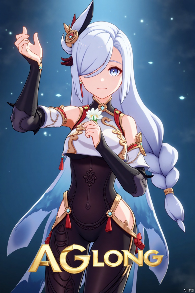 1girl, solo, upper body shot, very long white braided hair with a braided ponytail, hair over one eye, bangs, blue eyes, looking directly at the viewer, blush, soft smile, parted lips, adorned with a delicate hair ornament and tassel earrings, wearing a sleek bodysuit with gold trim and a clothing cutout, holding a flower, Shenhe (Genshin Impact) style, cinematic lighting with high contrast, dynamic composition, detailed background with a poster theme, sharp focus, dramatic atmosphere, three-dimensional text AGlong centered below, movie poster aesthetic.