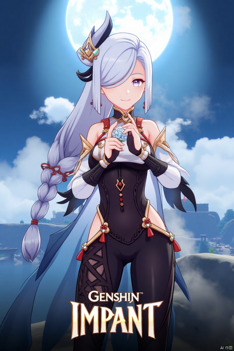 1girl, solo, upper body shot, very long white braided hair with a braided ponytail, hair over one eye, bangs, blue eyes, looking directly at the viewer, blush, soft smile, parted lips, adorned with a delicate hair ornament and tassel earrings, wearing a sleek bodysuit with gold trim and a clothing cutout, holding a flower, Shenhe (Genshin Impact) style, cinematic lighting with high contrast, dynamic composition, detailed background with a poster theme, sharp focus, dramatic atmosphere, three-dimensional text AGlong centered below, movie poster aesthetic.