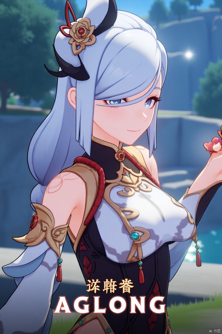 1girl, solo, upper body shot, very long white braided hair with a braided ponytail, hair over one eye, bangs, blue eyes, looking directly at the viewer, blush, soft smile, parted lips, adorned with a delicate hair ornament and tassel earrings, wearing a sleek bodysuit with gold trim and a clothing cutout, holding a flower, Shenhe (Genshin Impact) style, cinematic lighting with high contrast, dynamic composition, detailed background with a poster theme, sharp focus, dramatic atmosphere, three-dimensional text AGlong centered below, movie poster aesthetic.
