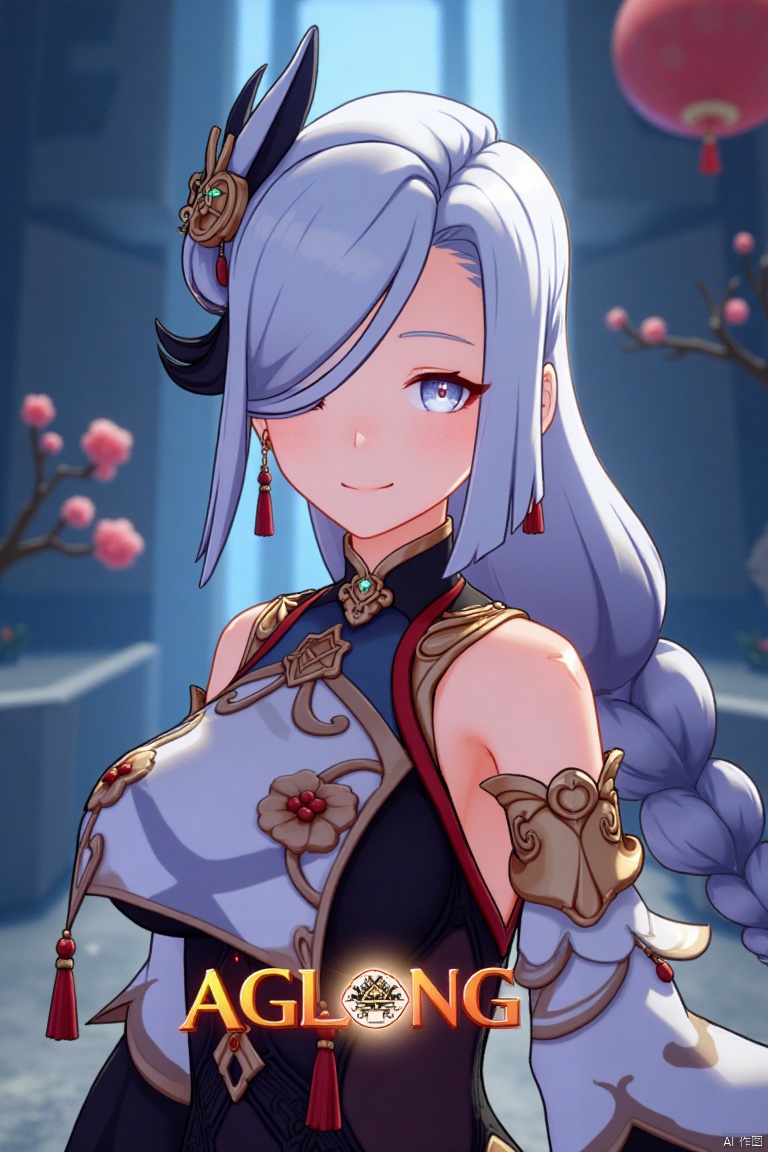 1girl, solo, upper body shot, very long white braided hair with a braided ponytail, hair over one eye, bangs, blue eyes, looking directly at the viewer, blush, soft smile, parted lips, hair ornament with intricate details, tassel earrings, tassel accents, form-fitting bodysuit with gold trim, clothing cutout revealing subtle skin, delicate flower details, Shenhe (Genshin Impact) style, cinematic lighting with high contrast, dynamic composition, detailed background with a movie poster theme, dramatic atmosphere, sharp focus, three-dimensional text AGlong centered below the subject, vibrant and striking colors, intense yet elegant mood.