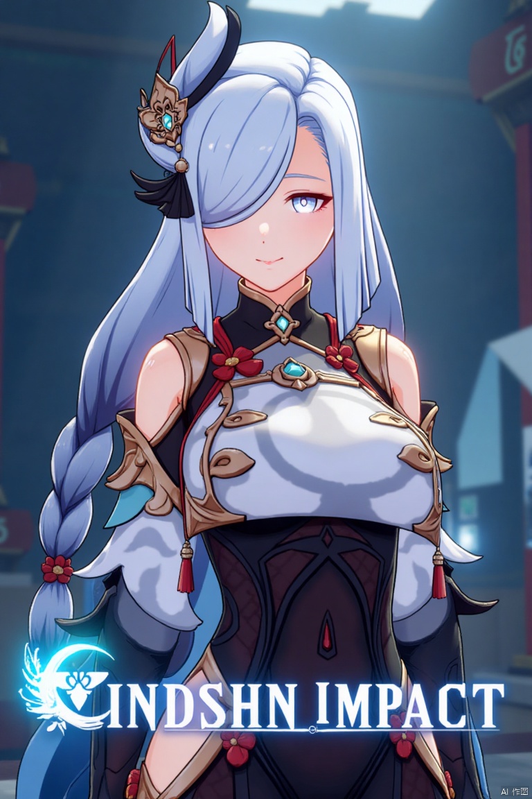 1girl, solo, upper body shot, very long white braided hair with a braided ponytail, hair over one eye, bangs, blue eyes, looking directly at the viewer, blush, soft smile, parted lips, hair ornament with intricate details, tassel earrings, tassel accents, form-fitting bodysuit with gold trim, clothing cutout revealing subtle skin, delicate flower details, Shenhe (Genshin Impact) style, cinematic lighting with high contrast, dynamic composition, detailed background with a movie poster theme, dramatic atmosphere, sharp focus, three-dimensional text AGlong centered below the subject, vibrant and striking colors, intense yet elegant mood.